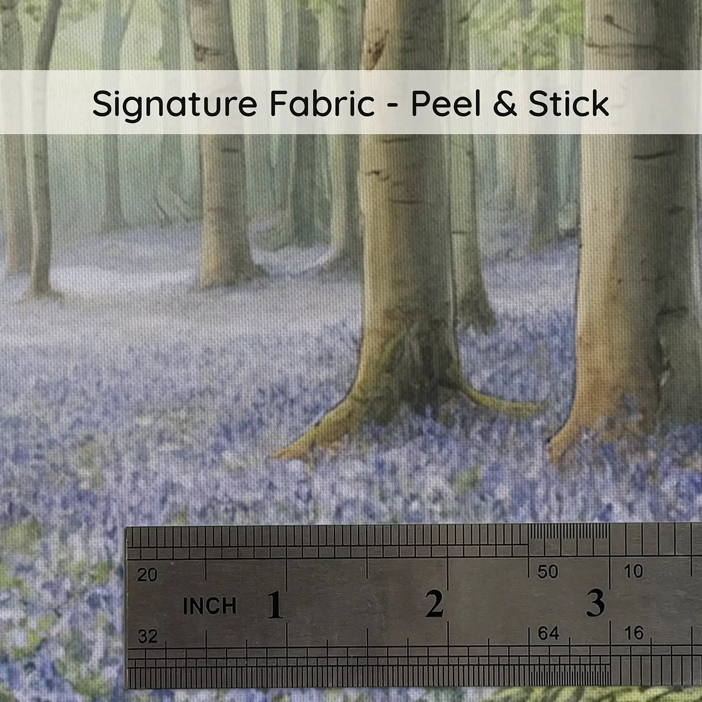 Fabric texture close-up of Bluebell Forest Spring Morning Wallpaper Mural by Whimsy Tots