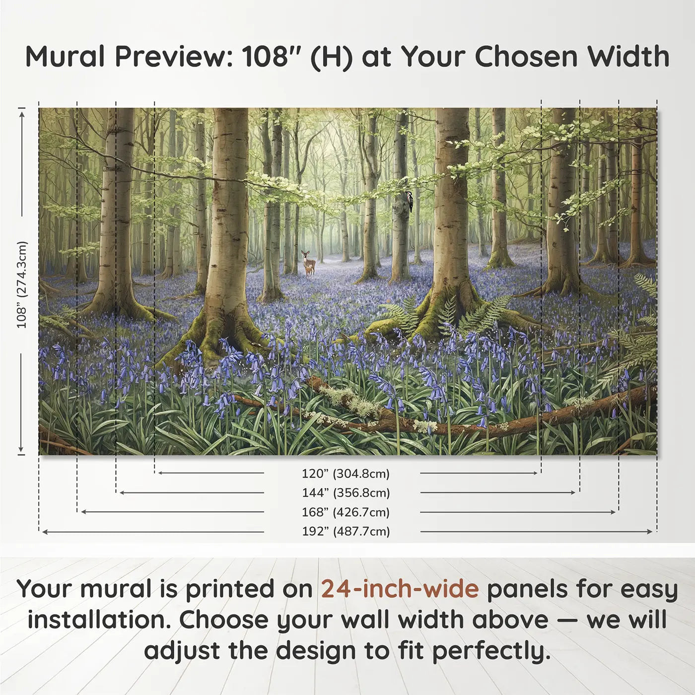 Panel layout and dimensions for Bluebell Forest Spring Morning Wallpaper Mural by Whimsy Tots
