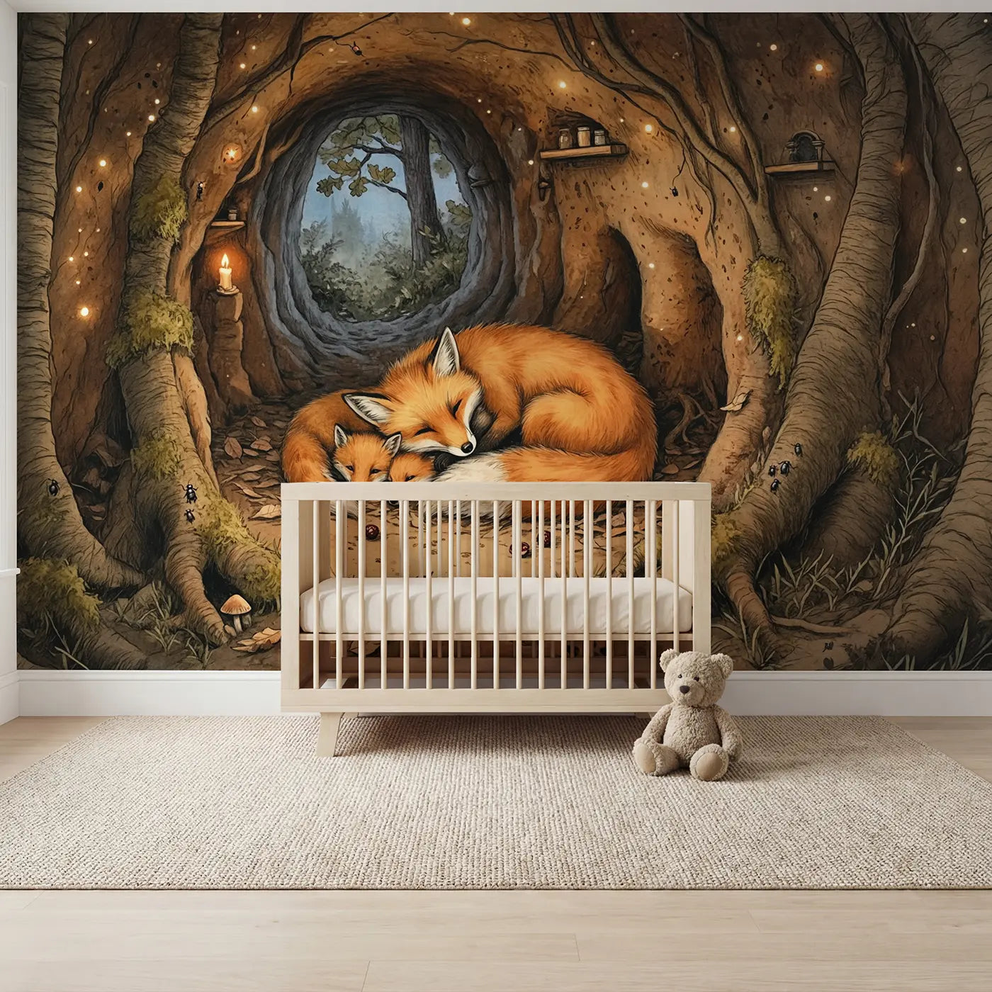 storybook fox family den underground burrow wallpaper mural for nursery by Whimsy Tots
