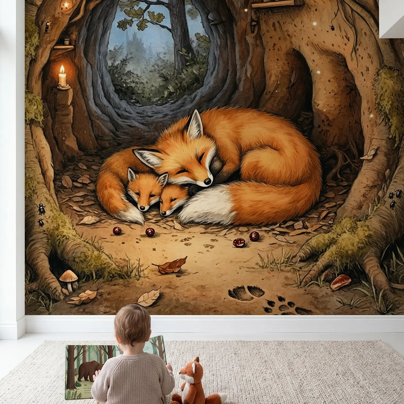 Child in nursery with Fox Family Den Wallpaper Mural by Whimsy Tots