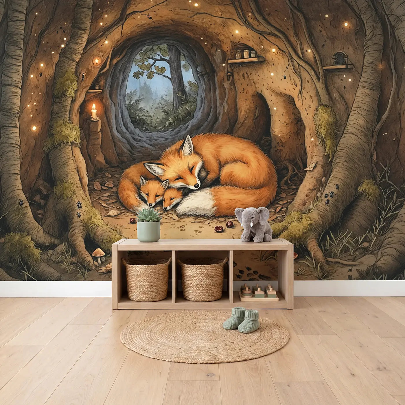 Fox Family Den Wallpaper Mural in playroom setting by Whimsy Tots