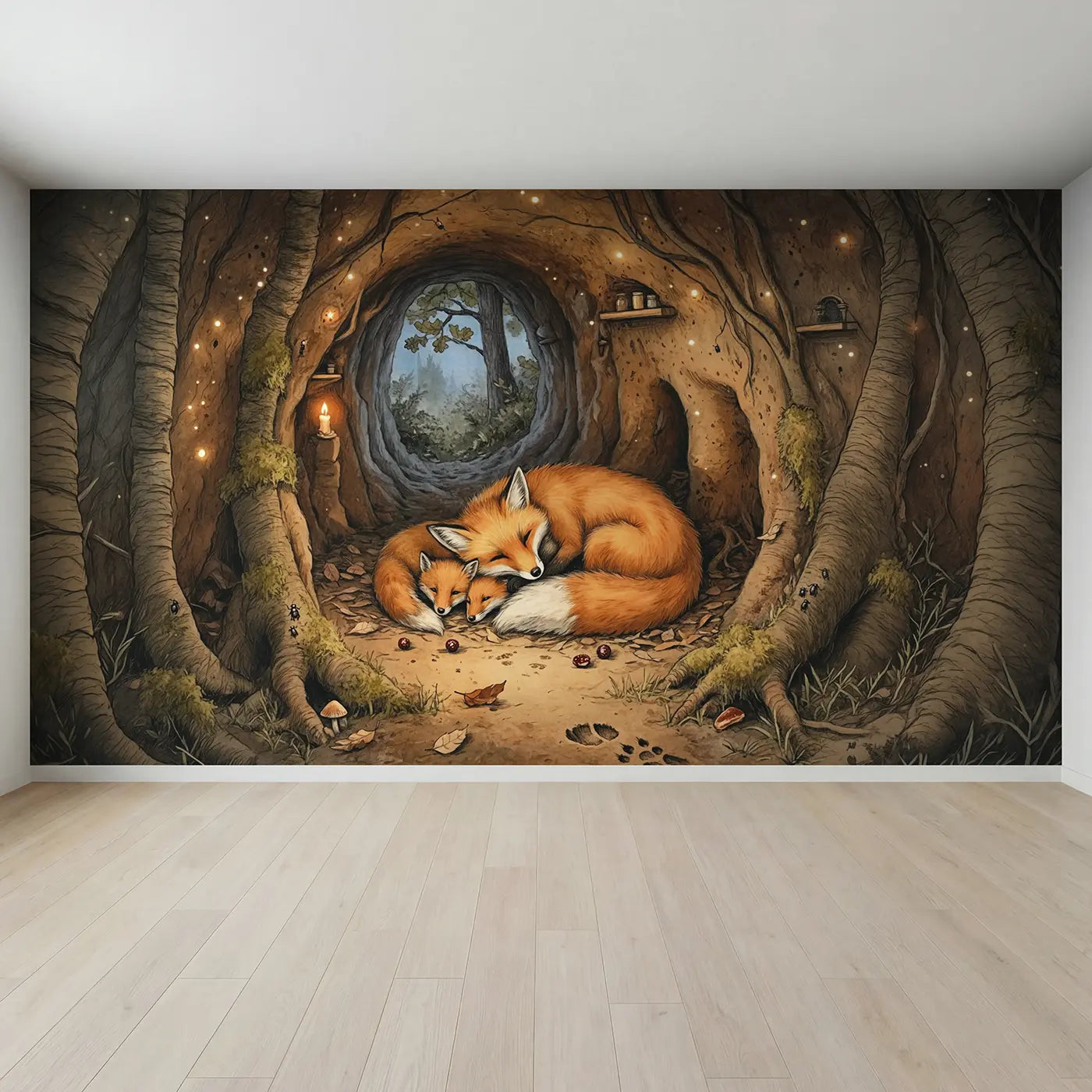 Full view of Fox Family Den Wallpaper Mural by Whimsy Tots