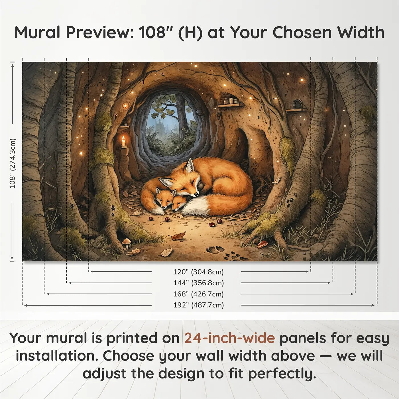 Panel layout and dimensions for Fox Family Den Wallpaper Mural by Whimsy Tots