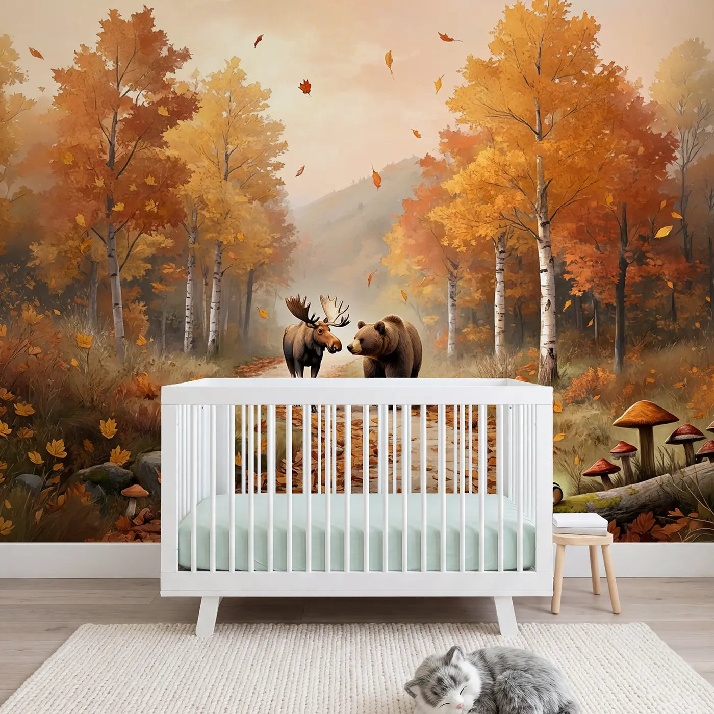 soft pastel moose bear autumn forest trail wallpaper mural for nursery by Whimsy Tots