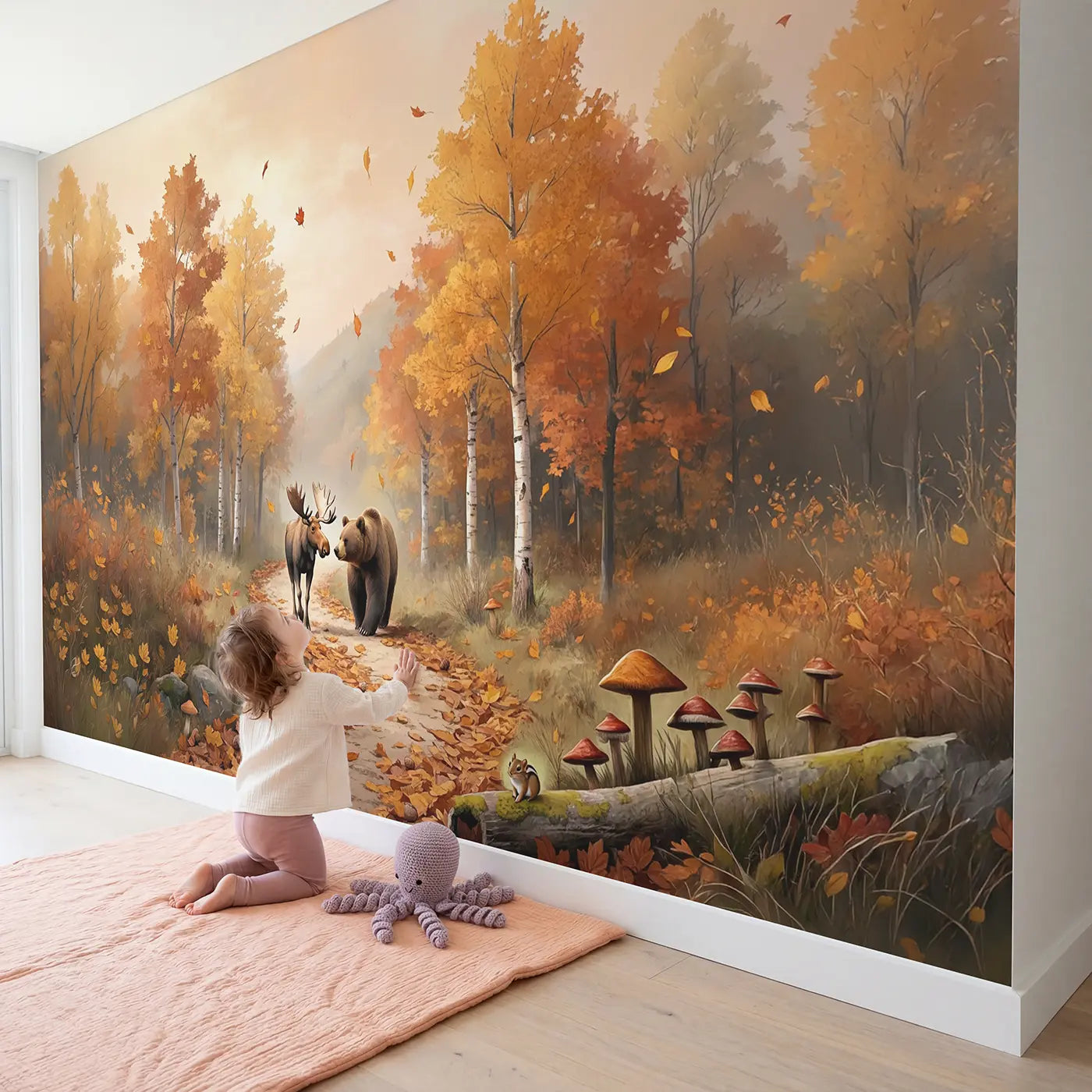 Child in nursery with Autumn Trail Companions Wallpaper Mural by Whimsy Tots