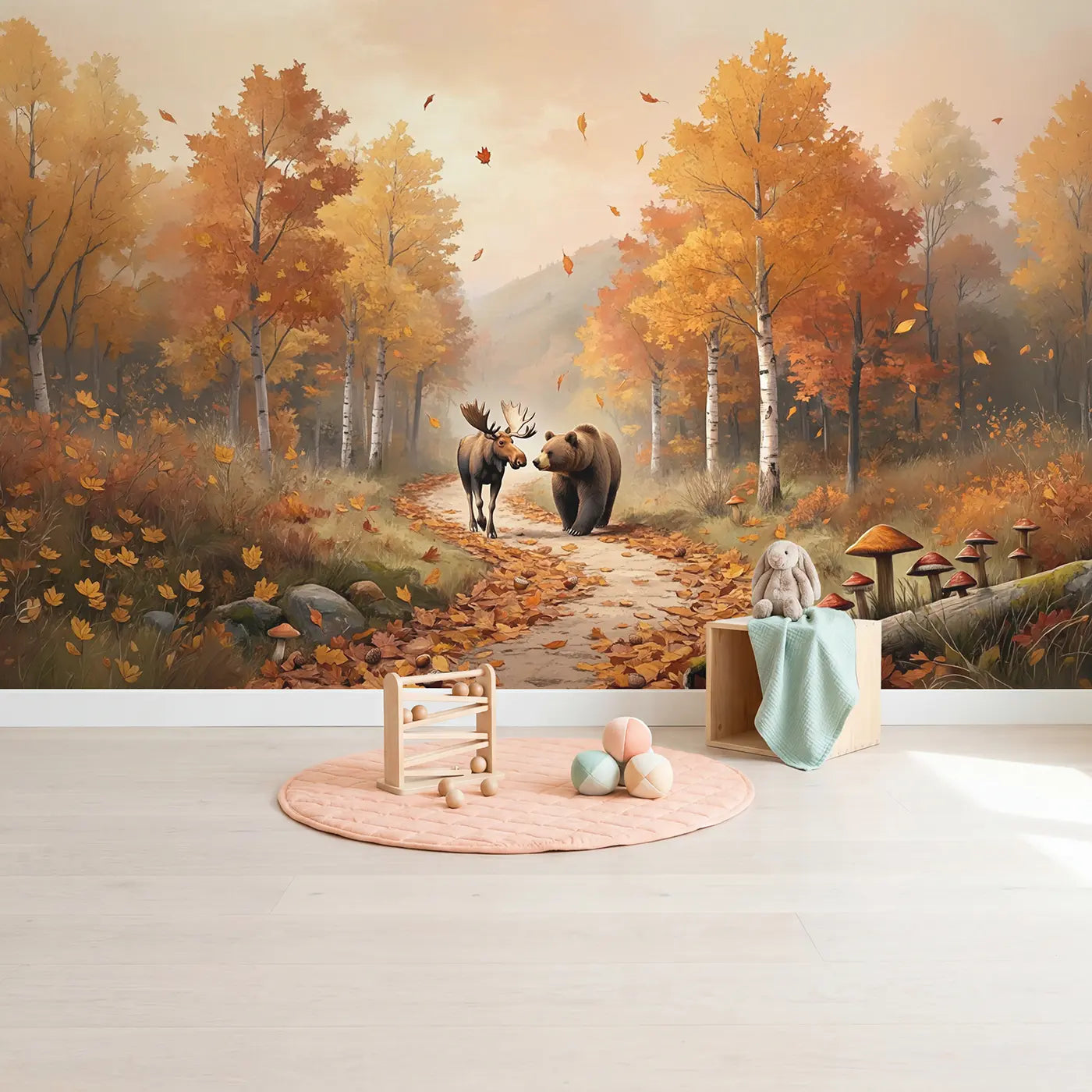 Autumn Trail Companions Wallpaper Mural in playroom setting by Whimsy Tots