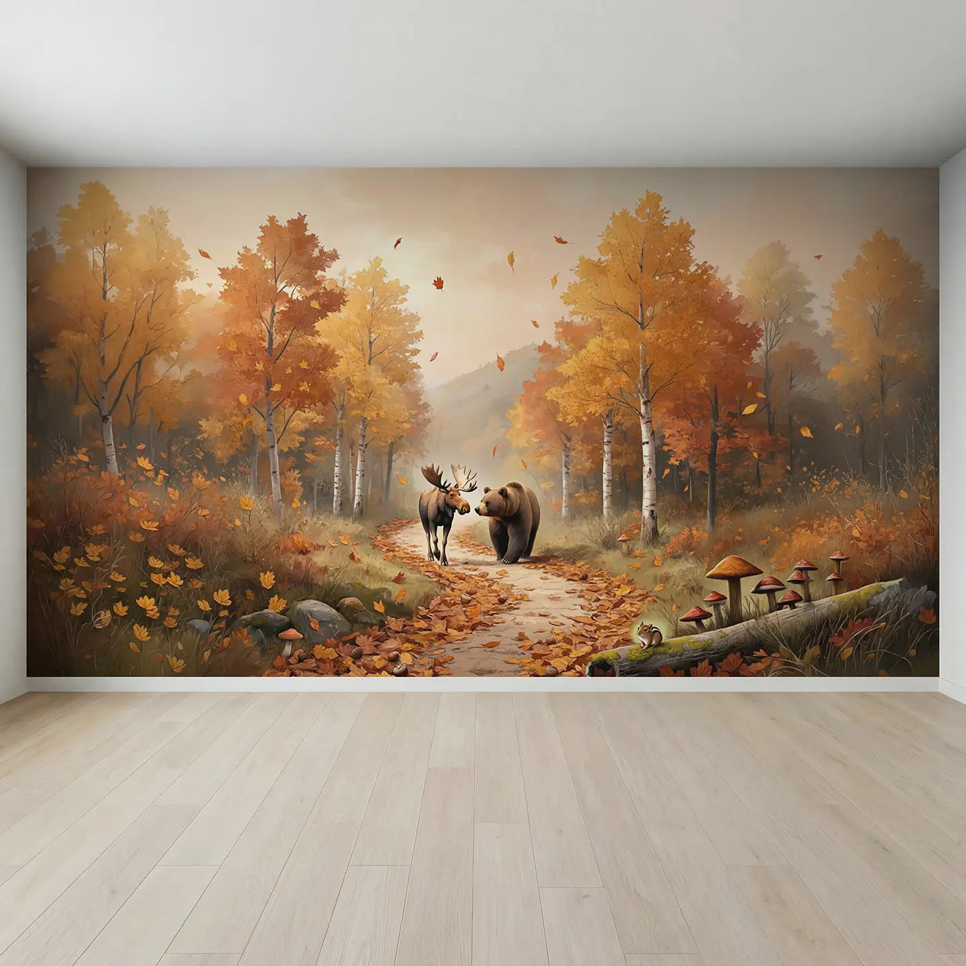 Full view of Autumn Trail Companions Wallpaper Mural by Whimsy Tots