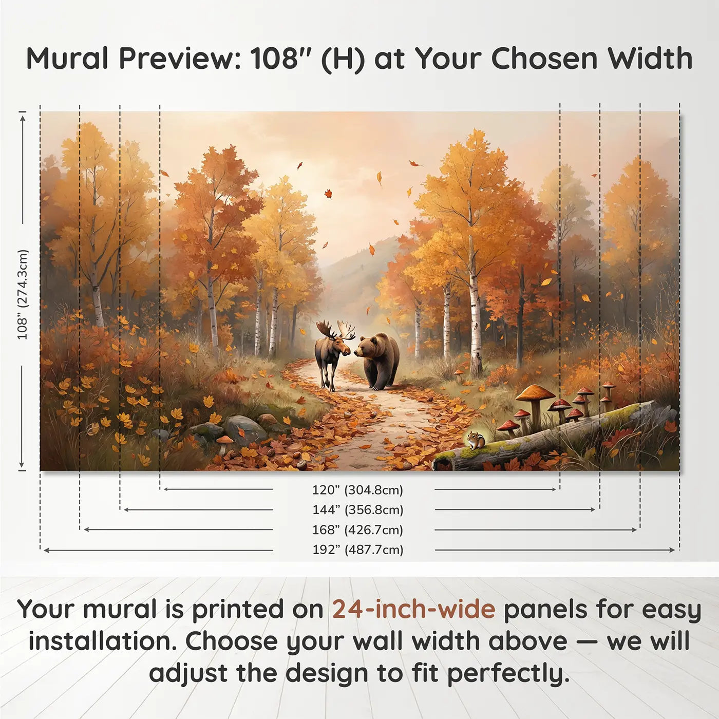 Panel layout and dimensions for Autumn Trail Companions Wallpaper Mural by Whimsy Tots