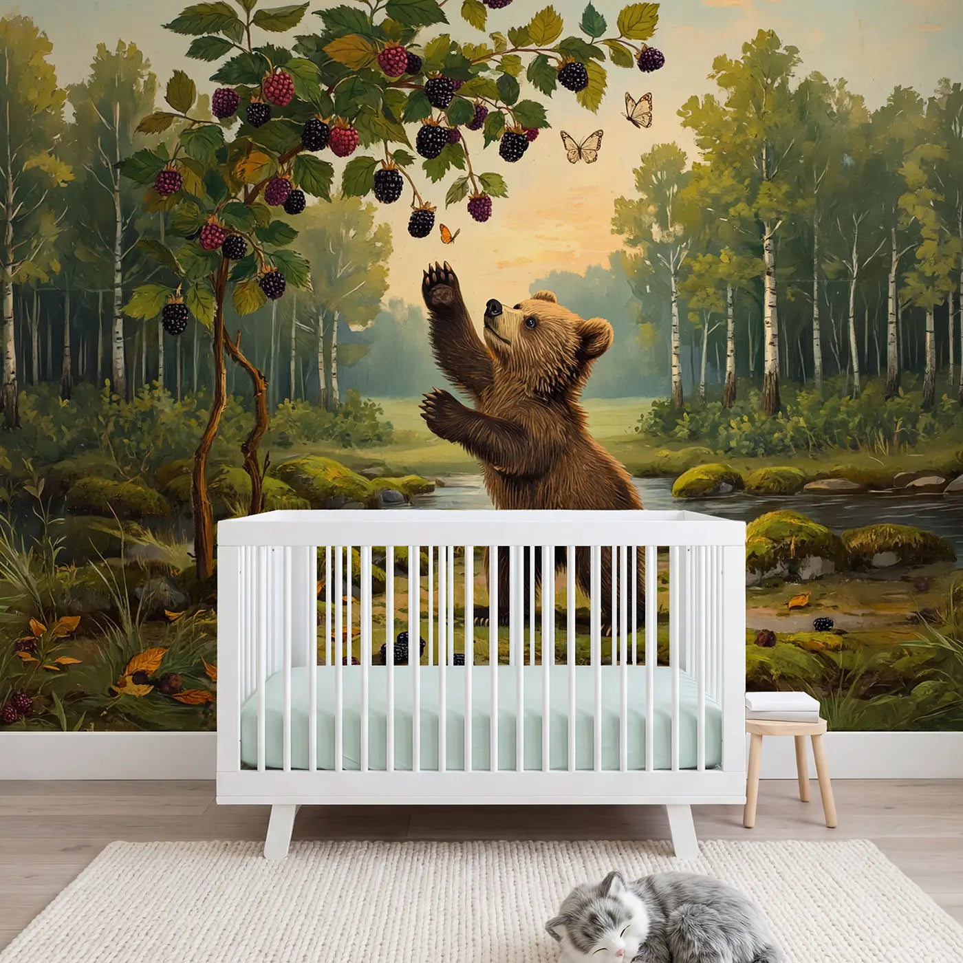 Painted Landscape berry bush bear cub wallpaper mural for girls room by Whimsy Tots