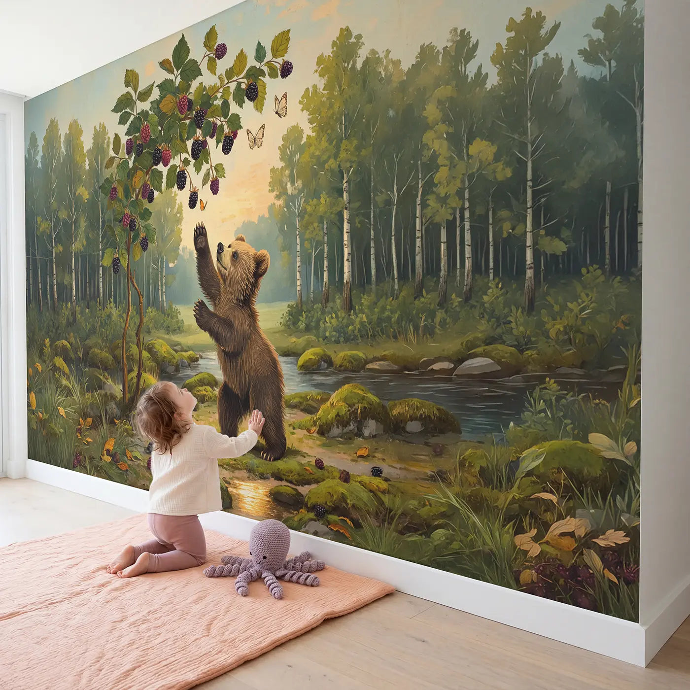 Child in nursery with Berry Bush Bear Cub Wallpaper Mural by Whimsy Tots
