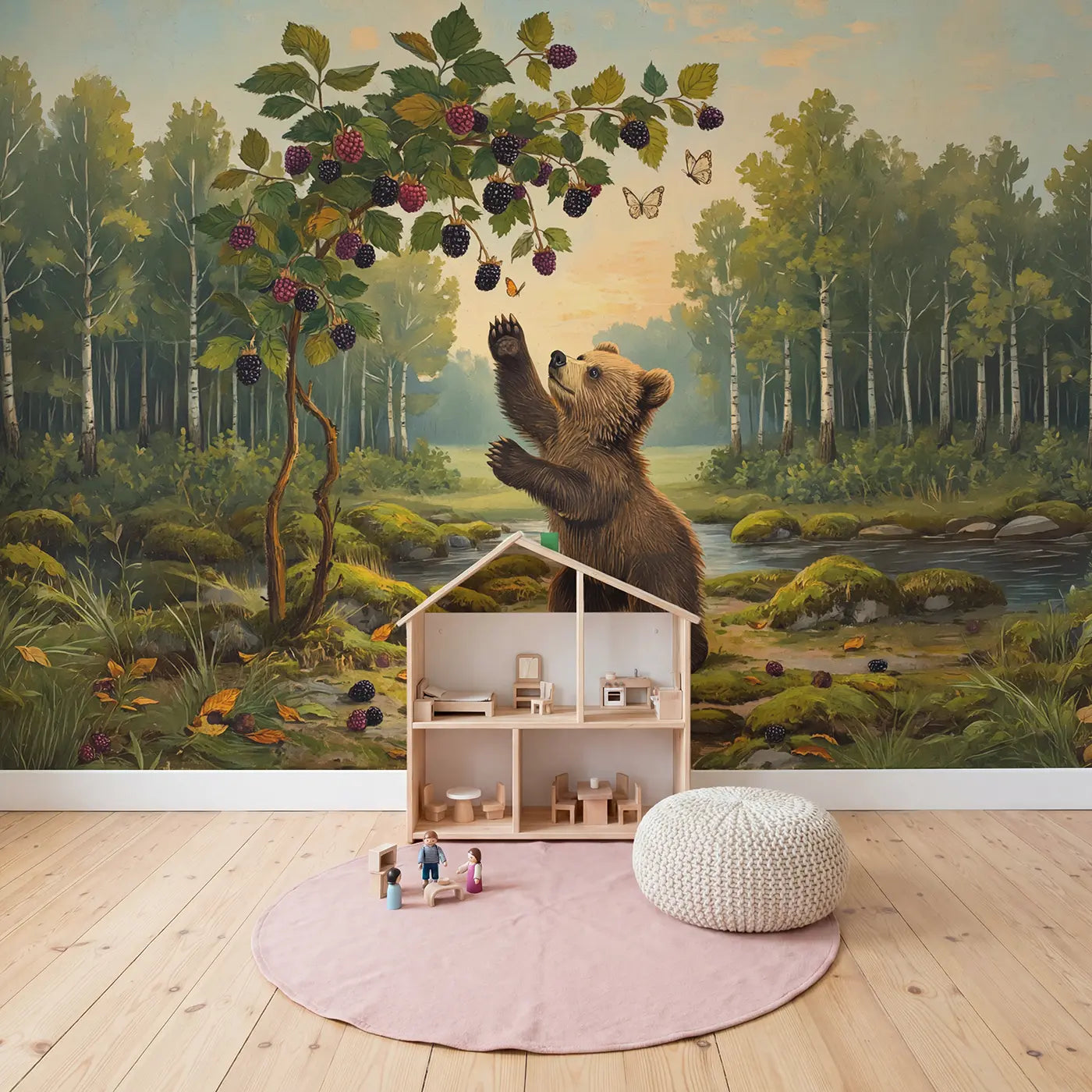 Berry Bush Bear Cub Wallpaper Mural in playroom setting by Whimsy Tots