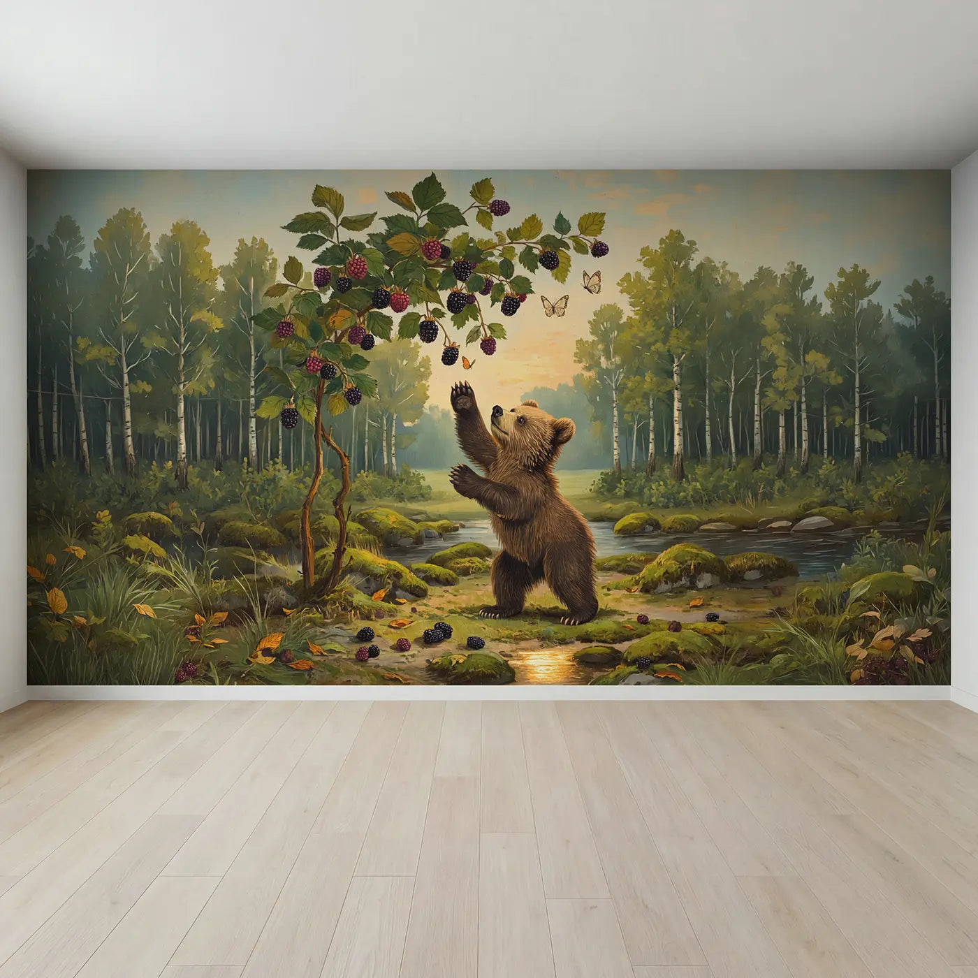 Full view of Berry Bush Bear Cub Wallpaper Mural by Whimsy Tots