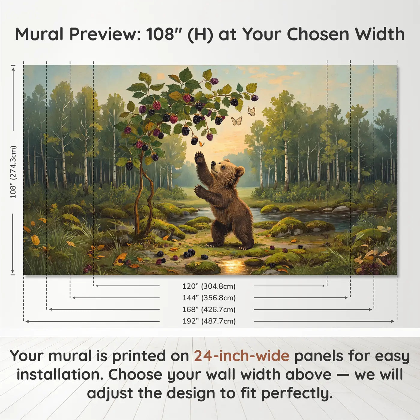 Panel layout and dimensions for Berry Bush Bear Cub Wallpaper Mural by Whimsy Tots