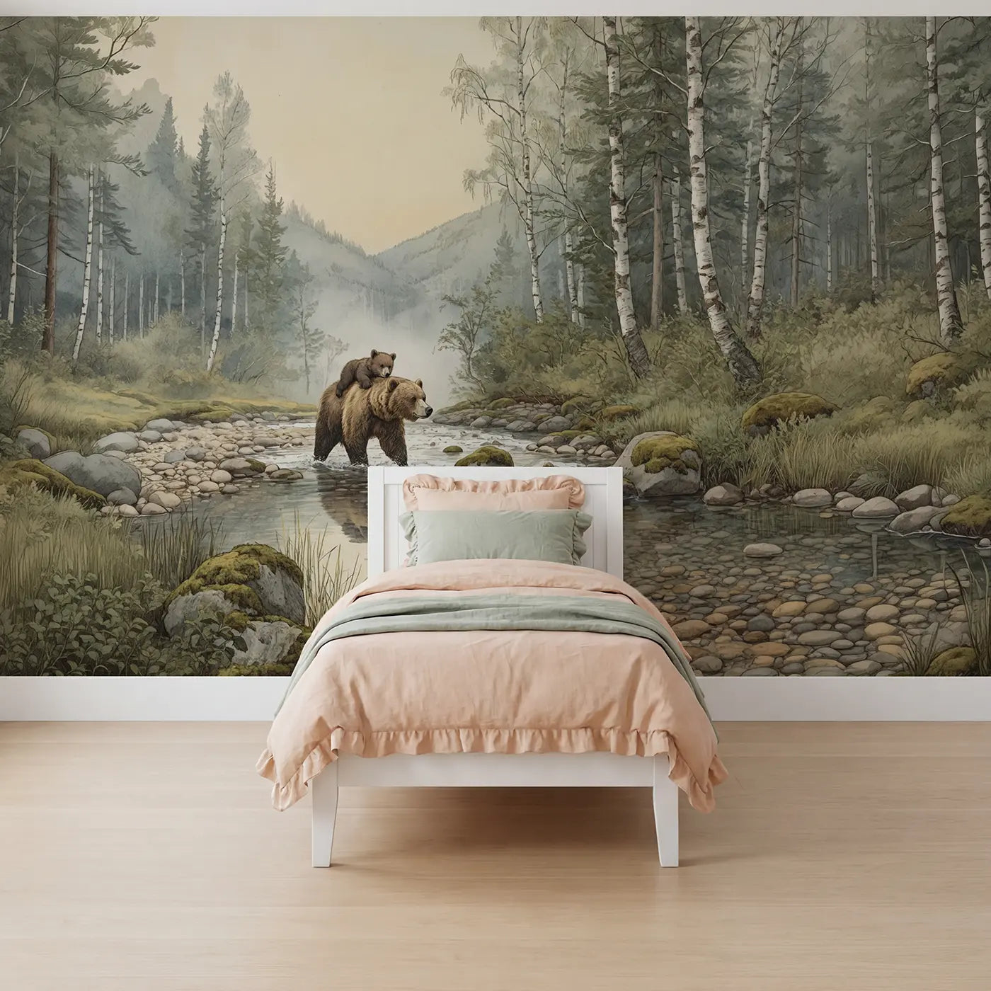 Storybook bear family stream forest wallpaper mural for girls room by Whimsy Tots