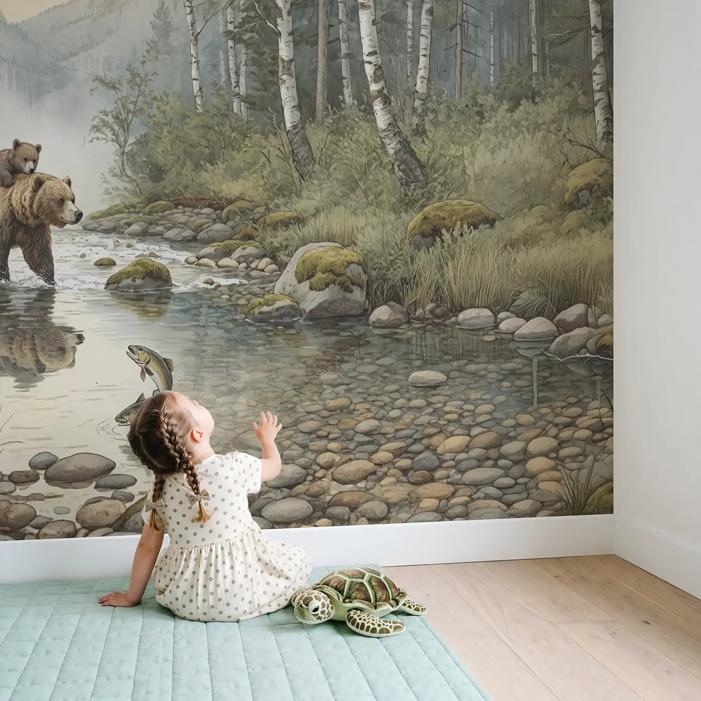 Child in nursery with Bear Family Stream Crossing Wallpaper Mural by Whimsy Tots