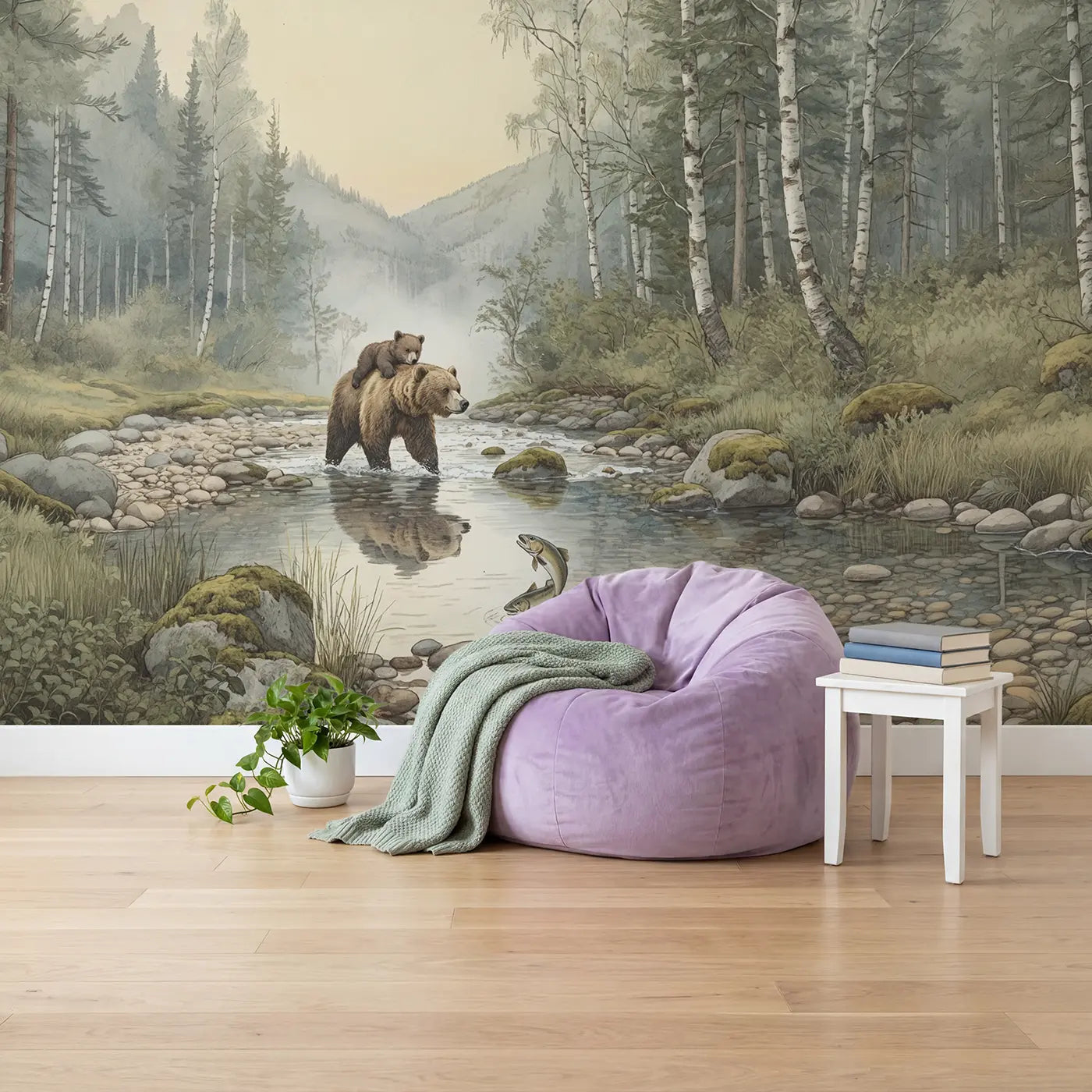 Bear Family Stream Crossing Wallpaper Mural in playroom setting by Whimsy Tots