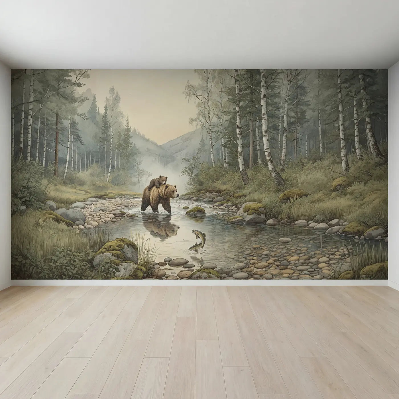 Full view of Bear Family Stream Crossing Wallpaper Mural by Whimsy Tots