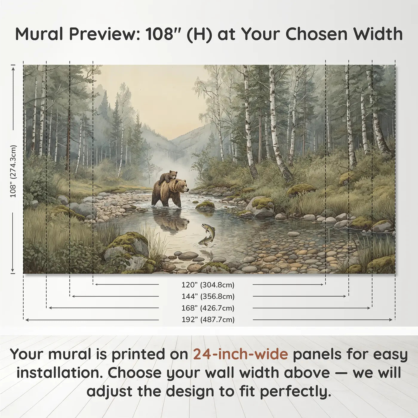 Panel layout and dimensions for Bear Family Stream Crossing Wallpaper Mural by Whimsy Tots