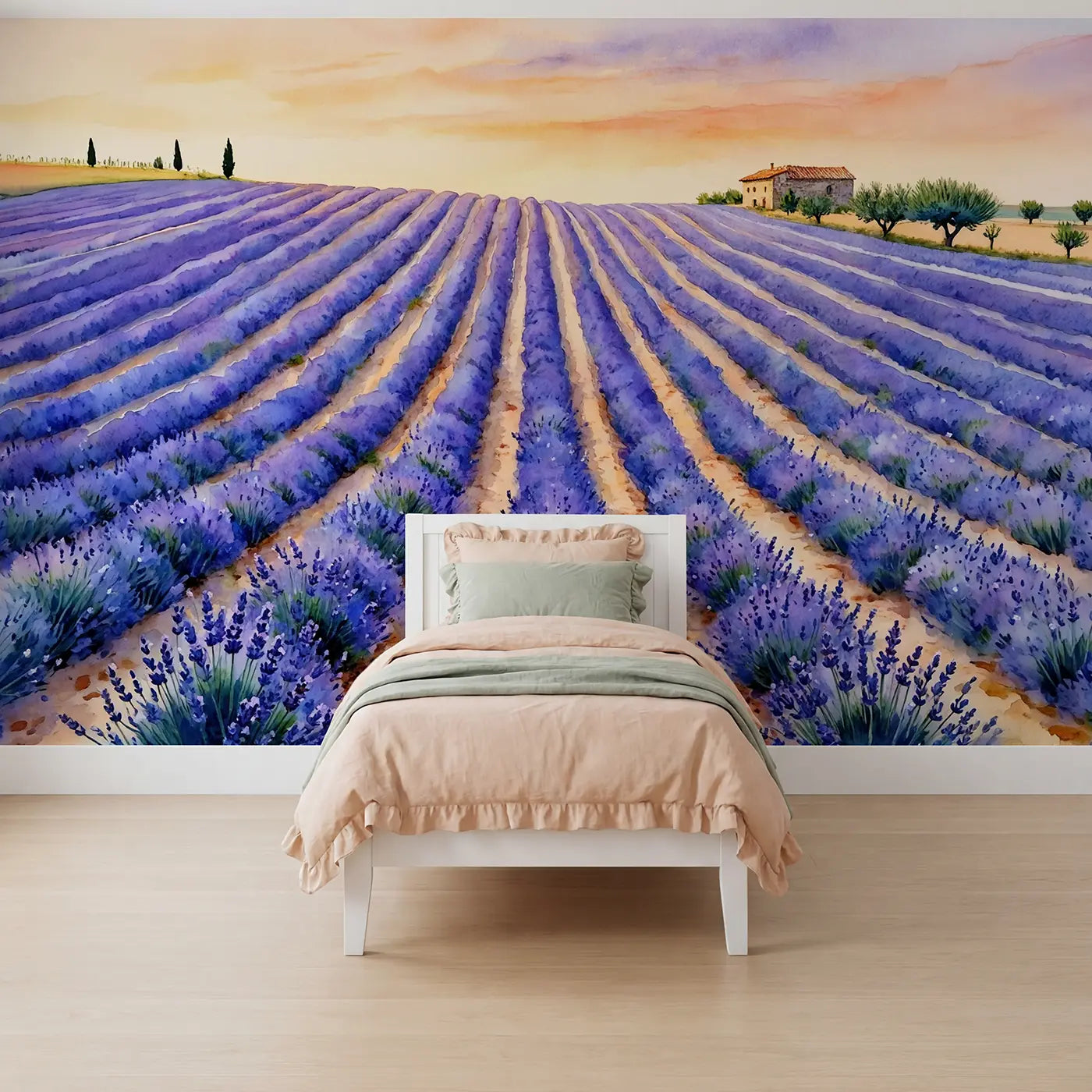 Watercolor lavender fields horizon cottage wallpaper mural for girls room by Whimsy Tots