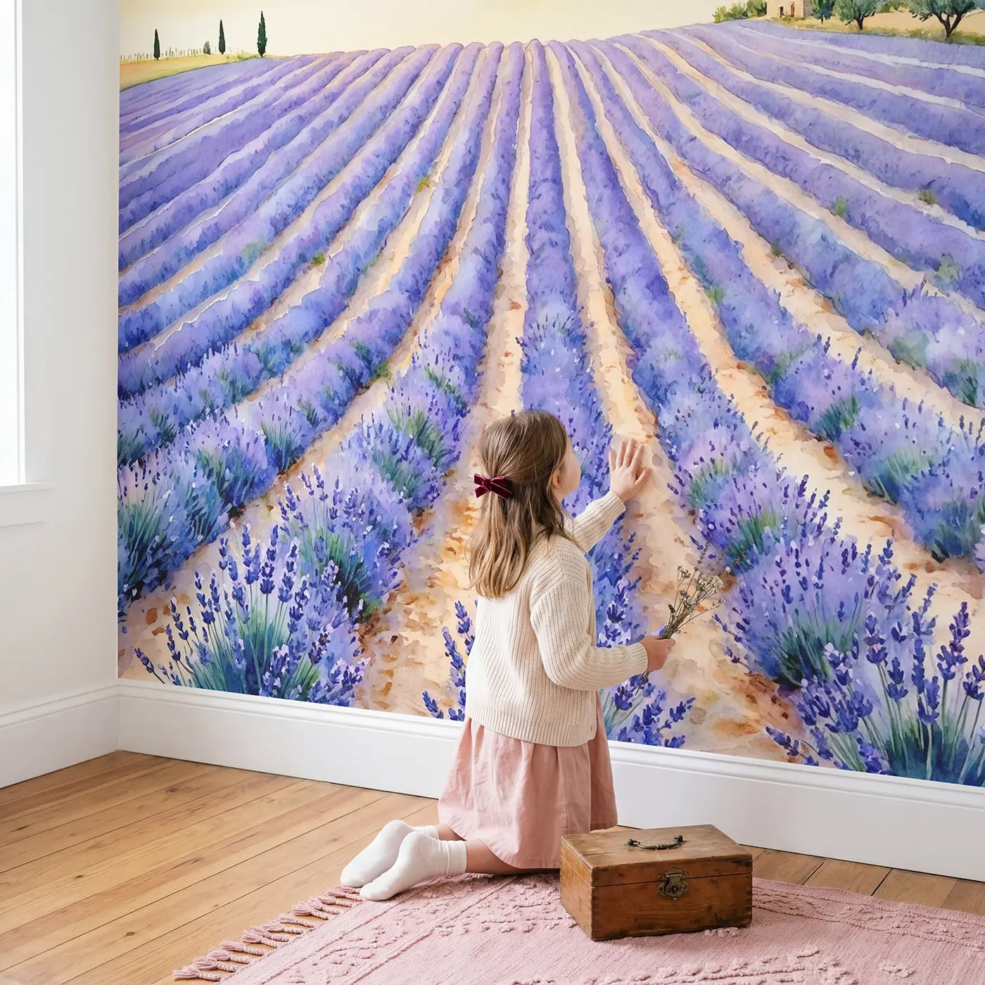 Child in nursery with Lavender Fields Horizon Wallpaper Mural by Whimsy Tots