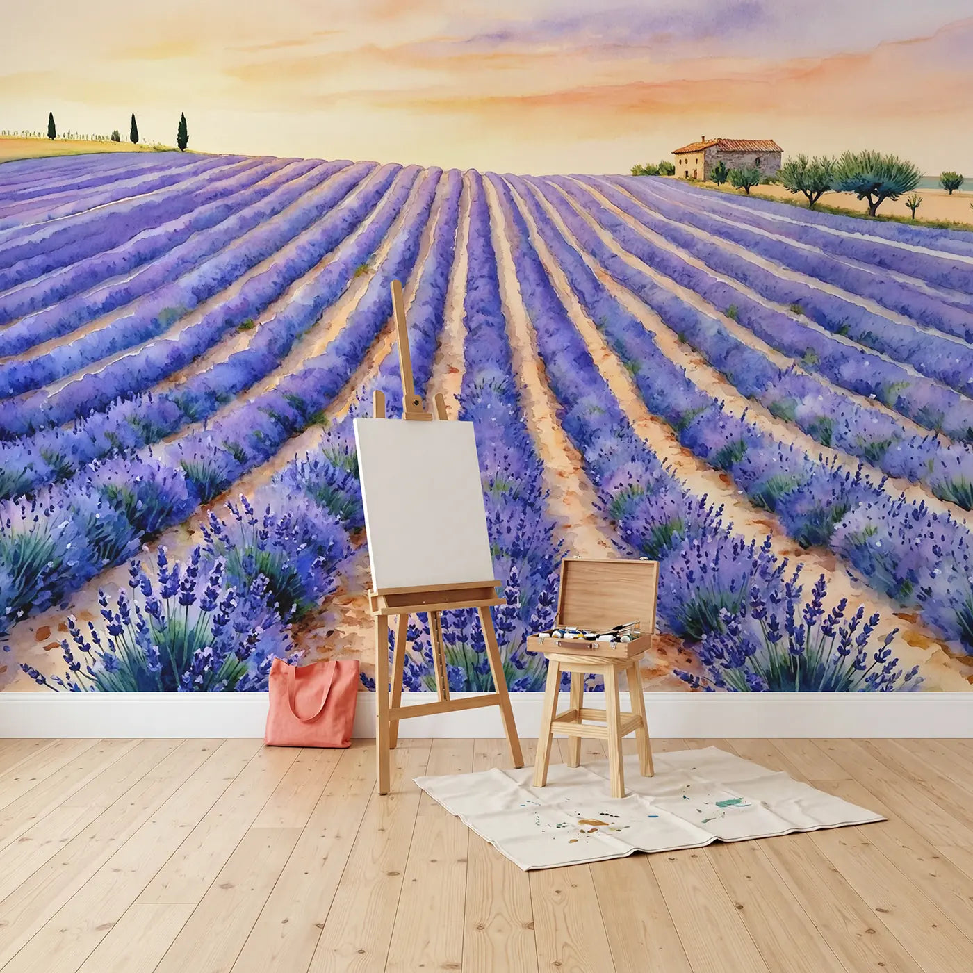 Lavender Fields Horizon Wallpaper Mural in playroom setting by Whimsy Tots