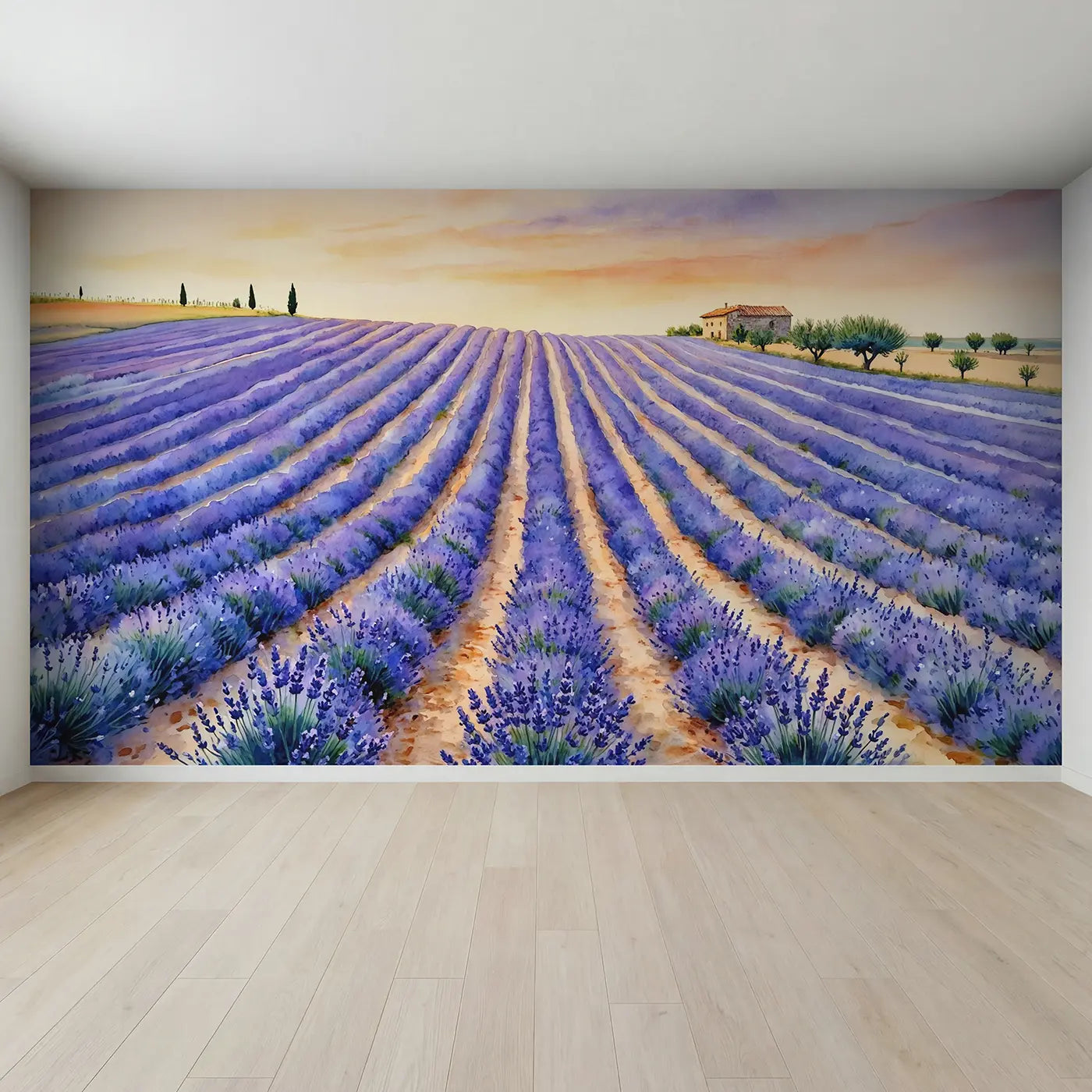 Full view of Lavender Fields Horizon Wallpaper Mural by Whimsy Tots