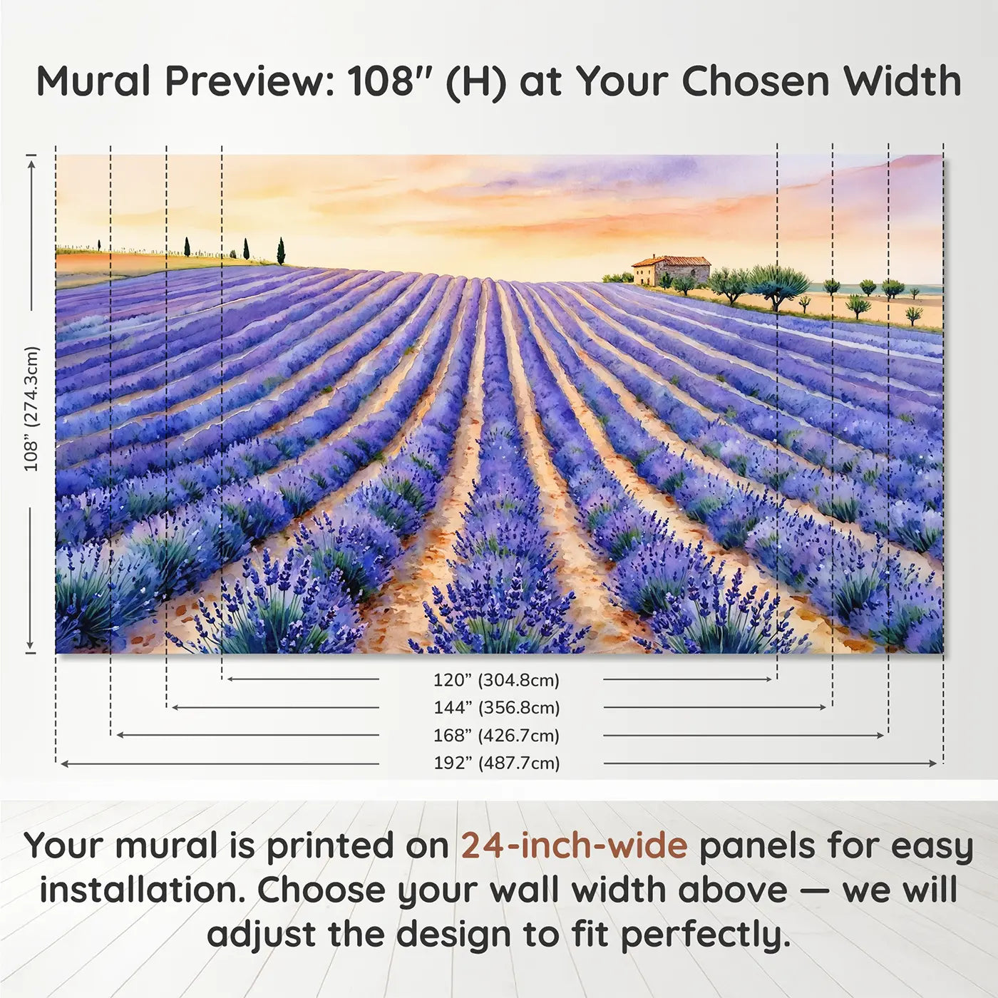 Panel layout and dimensions for Lavender Fields Horizon Wallpaper Mural by Whimsy Tots