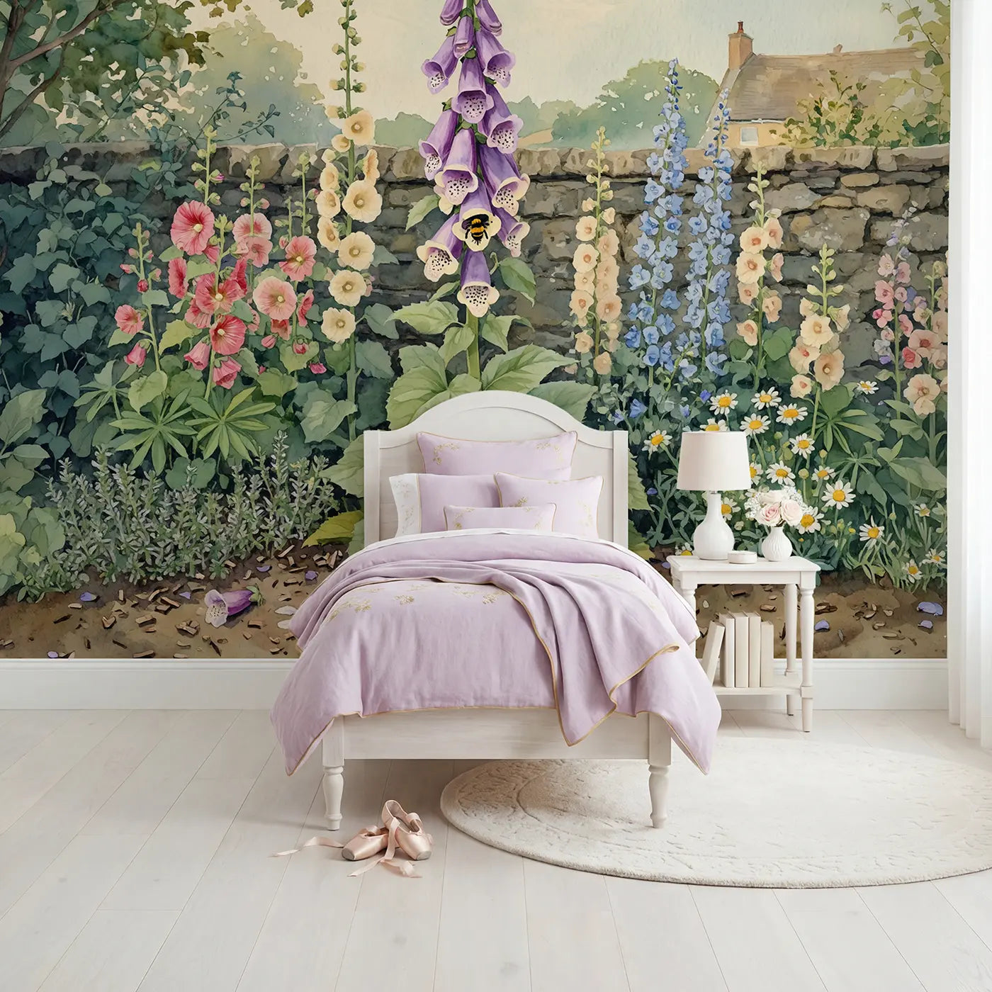 watercolor foxglove bumblebee cottage garden wallpaper mural for kids room by Whimsy Tots
