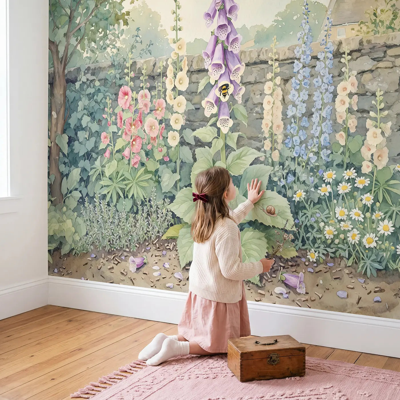 Child in nursery with Foxglove Tower Bumblebee Wallpaper Mural by Whimsy Tots