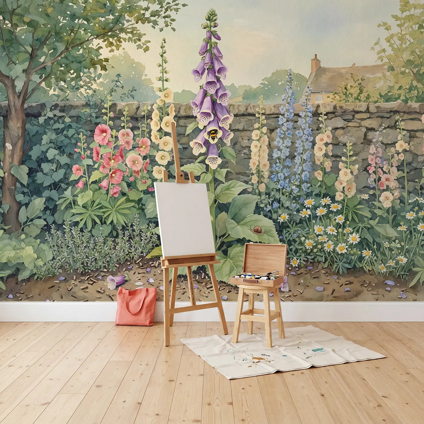 Foxglove Tower Bumblebee Wallpaper Mural in playroom setting by Whimsy Tots