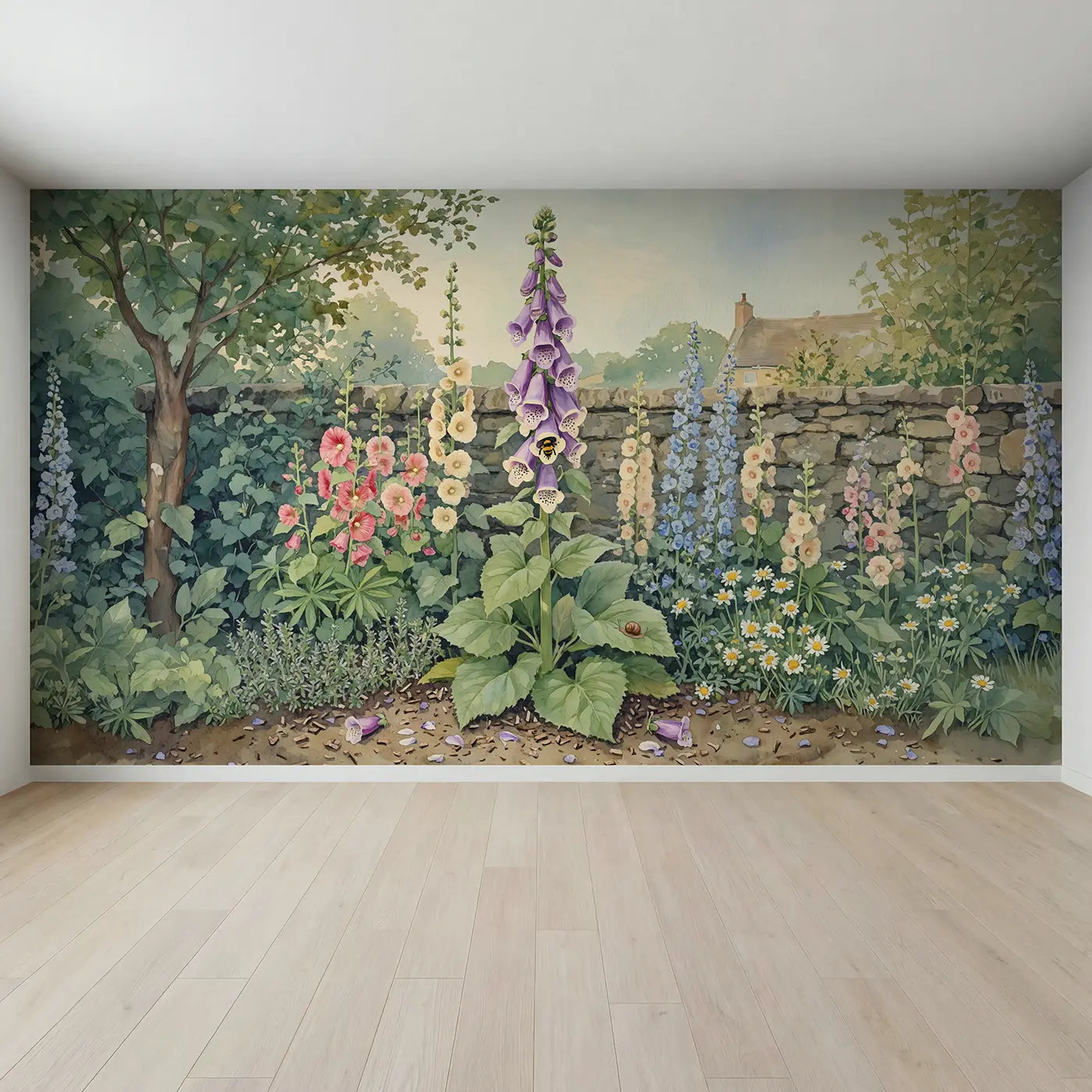 Full view of Foxglove Tower Bumblebee Wallpaper Mural by Whimsy Tots