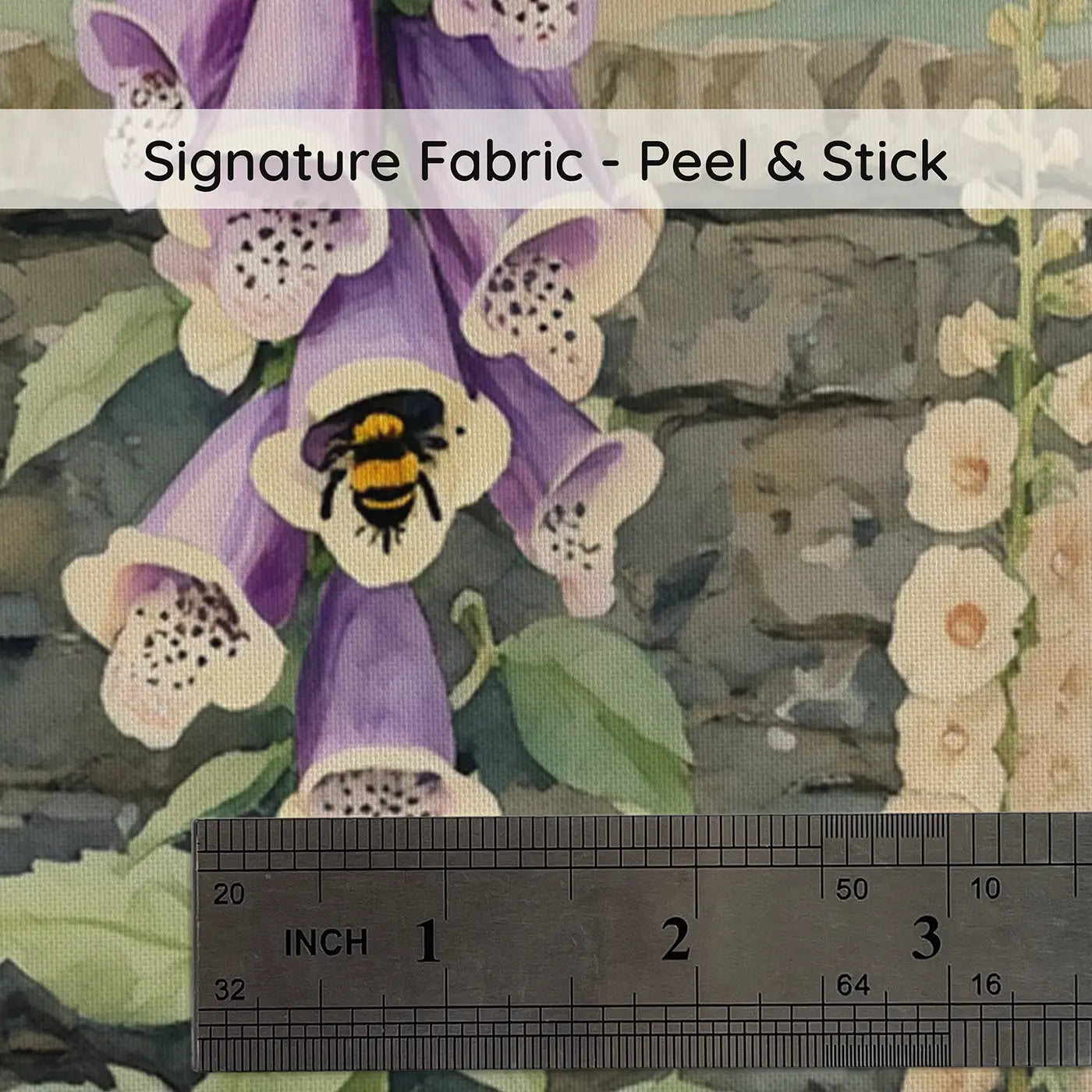 Fabric texture close-up of Foxglove Tower Bumblebee Wallpaper Mural by Whimsy Tots