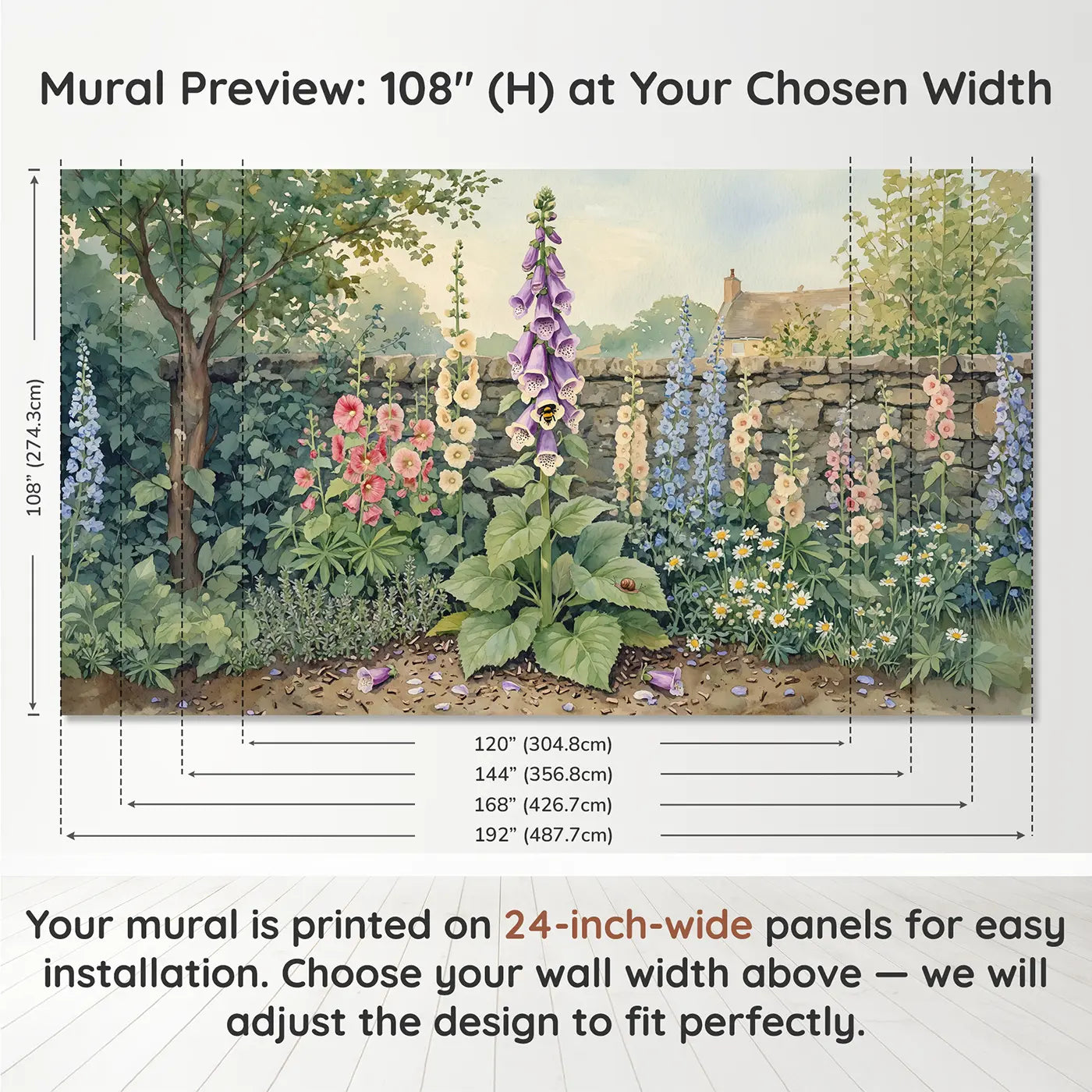 Panel layout and dimensions for Foxglove Tower Bumblebee Wallpaper Mural by Whimsy Tots