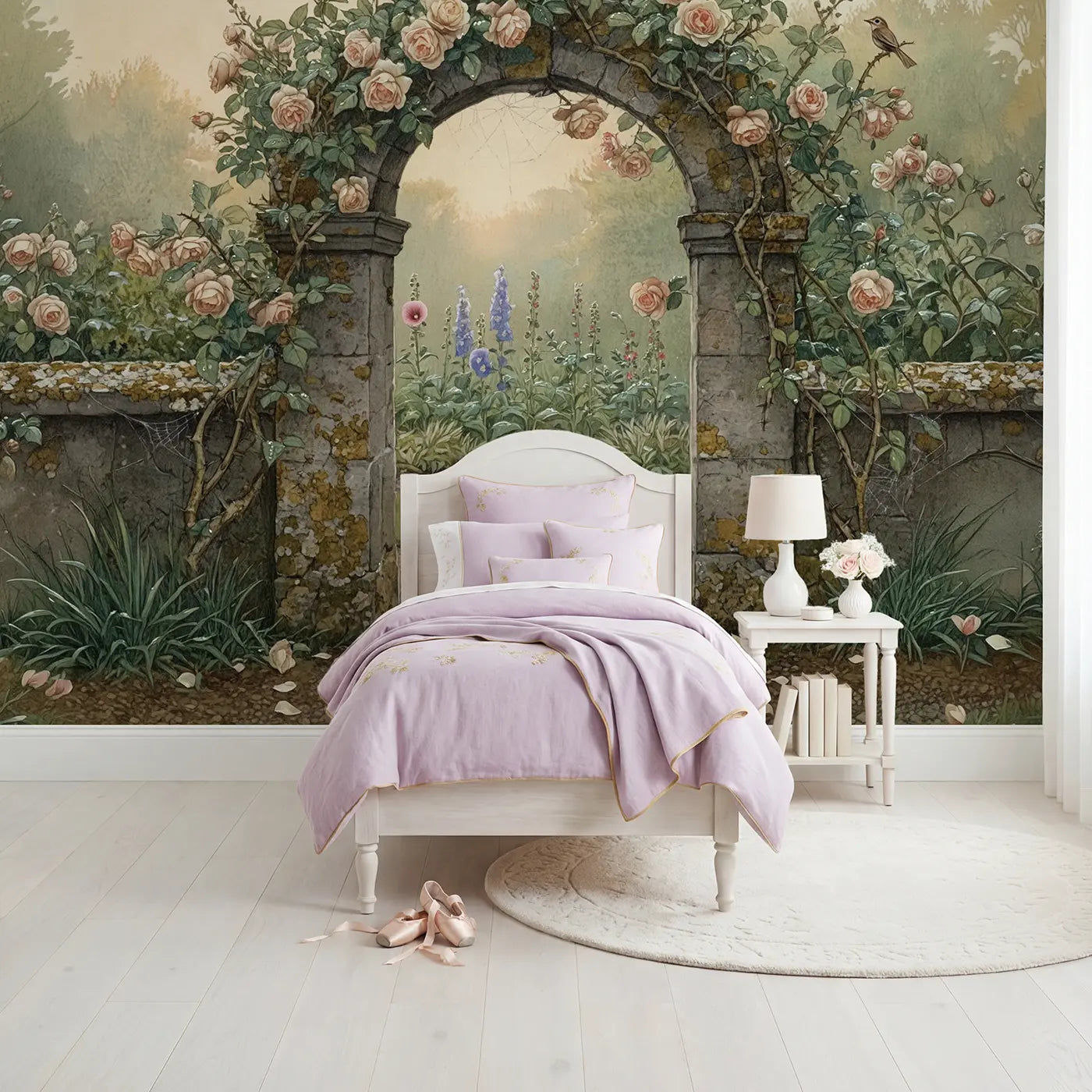 Storybook rose garden arch butterfly wallpaper mural for girls room by Whimsy Tots