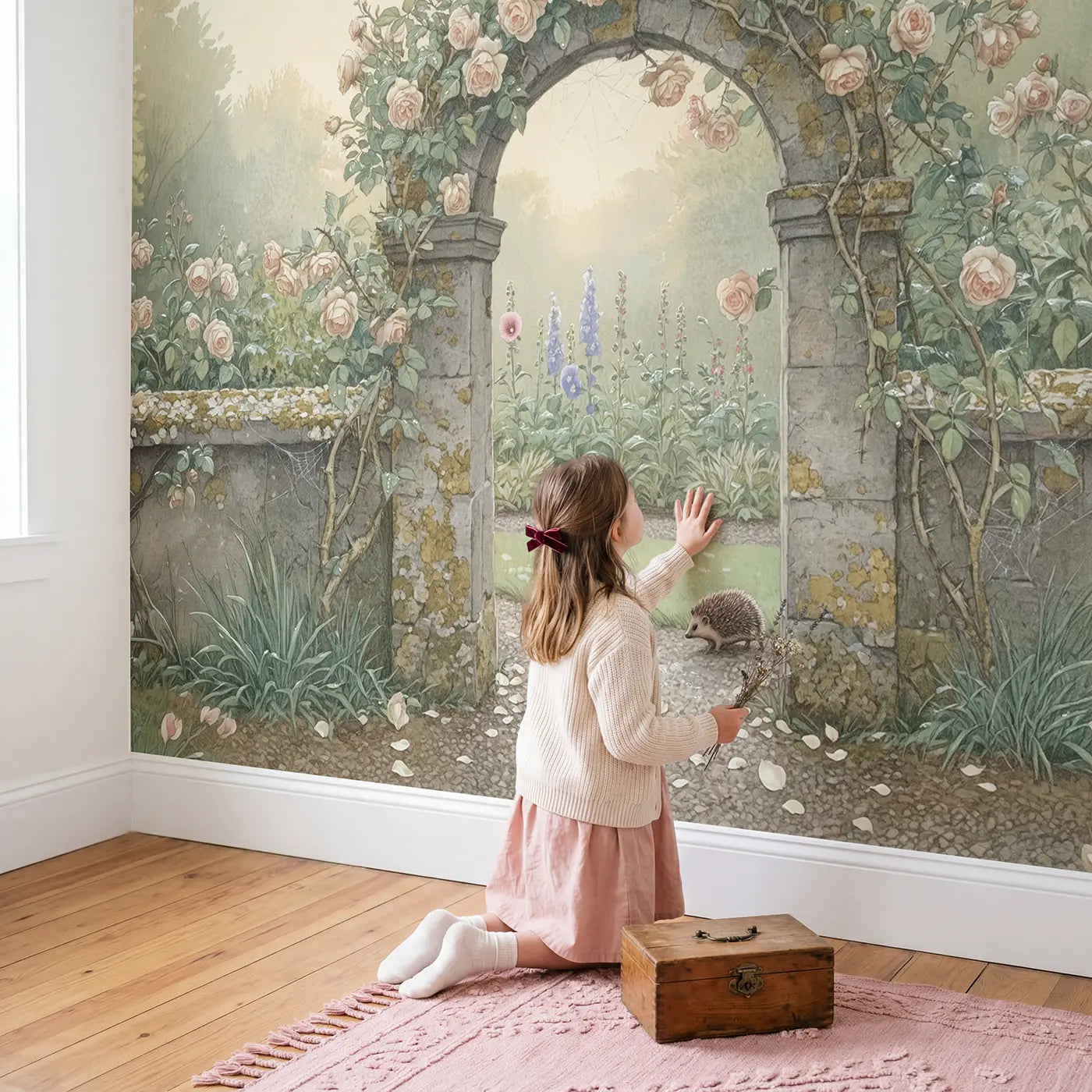 Child in nursery with Rose Covered Garden Arch Wallpaper Mural by Whimsy Tots