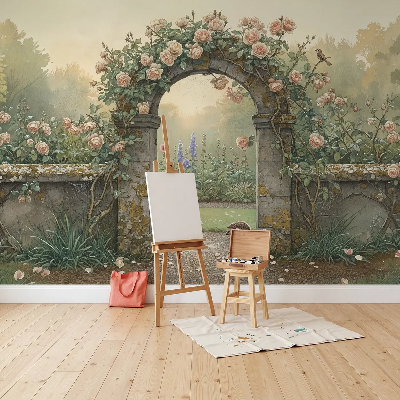 Rose Covered Garden Arch Wallpaper Mural in playroom setting by Whimsy Tots