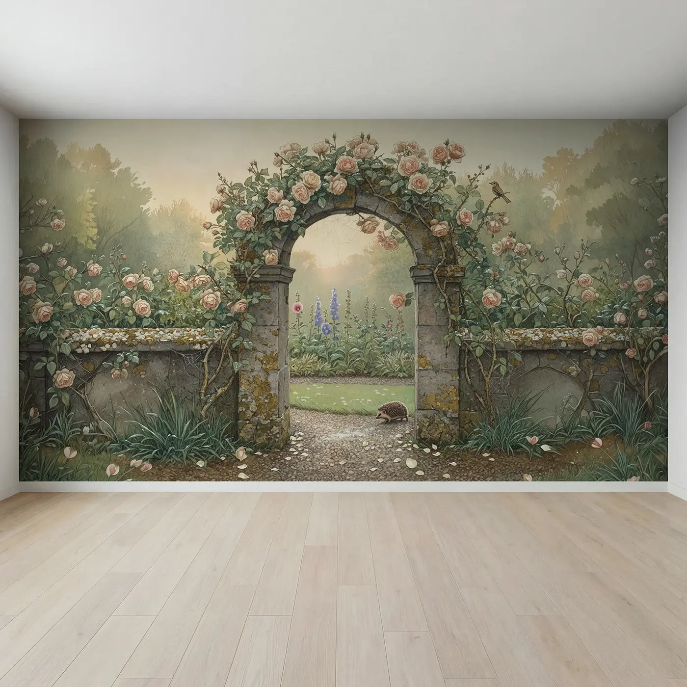 Full view of Rose Covered Garden Arch Wallpaper Mural by Whimsy Tots