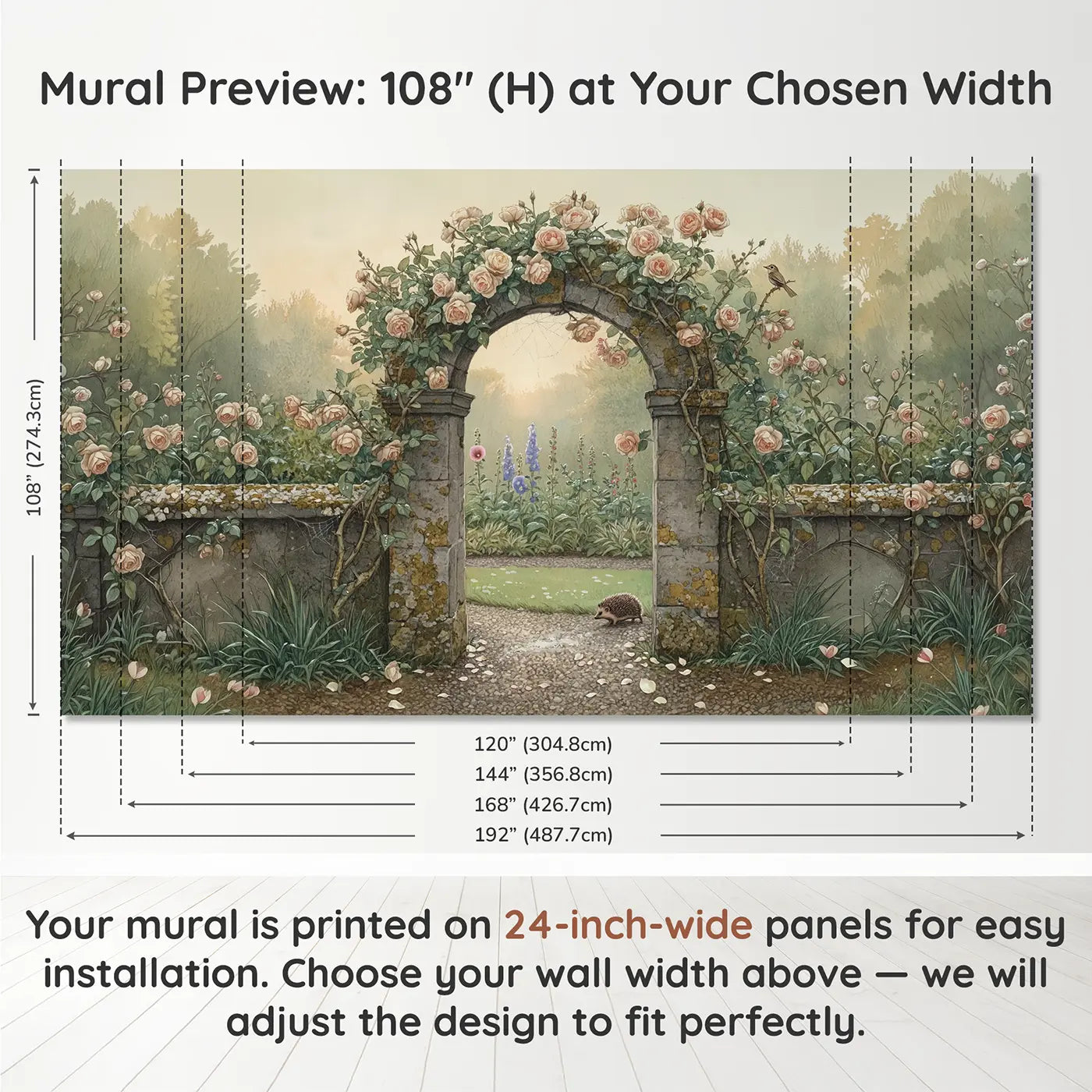 Panel layout and dimensions for Rose Covered Garden Arch Wallpaper Mural by Whimsy Tots