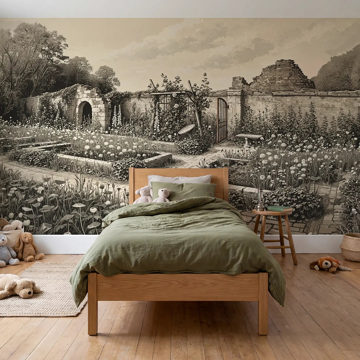 Block print wild garden gate vine wallpaper mural for kids room by Whimsy Tots