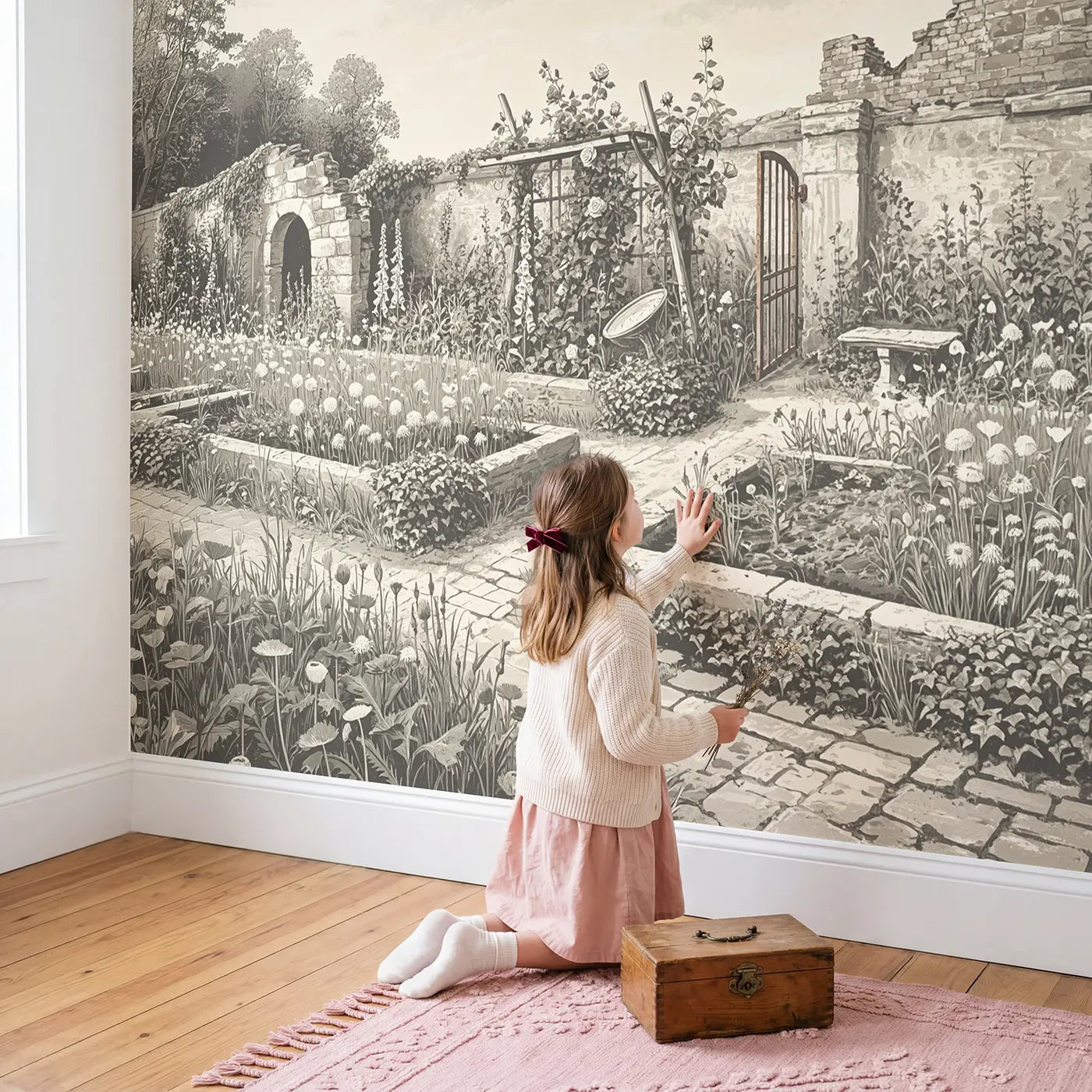 Child in nursery with Wild Reclaimed Garden Wallpaper Mural by Whimsy Tots