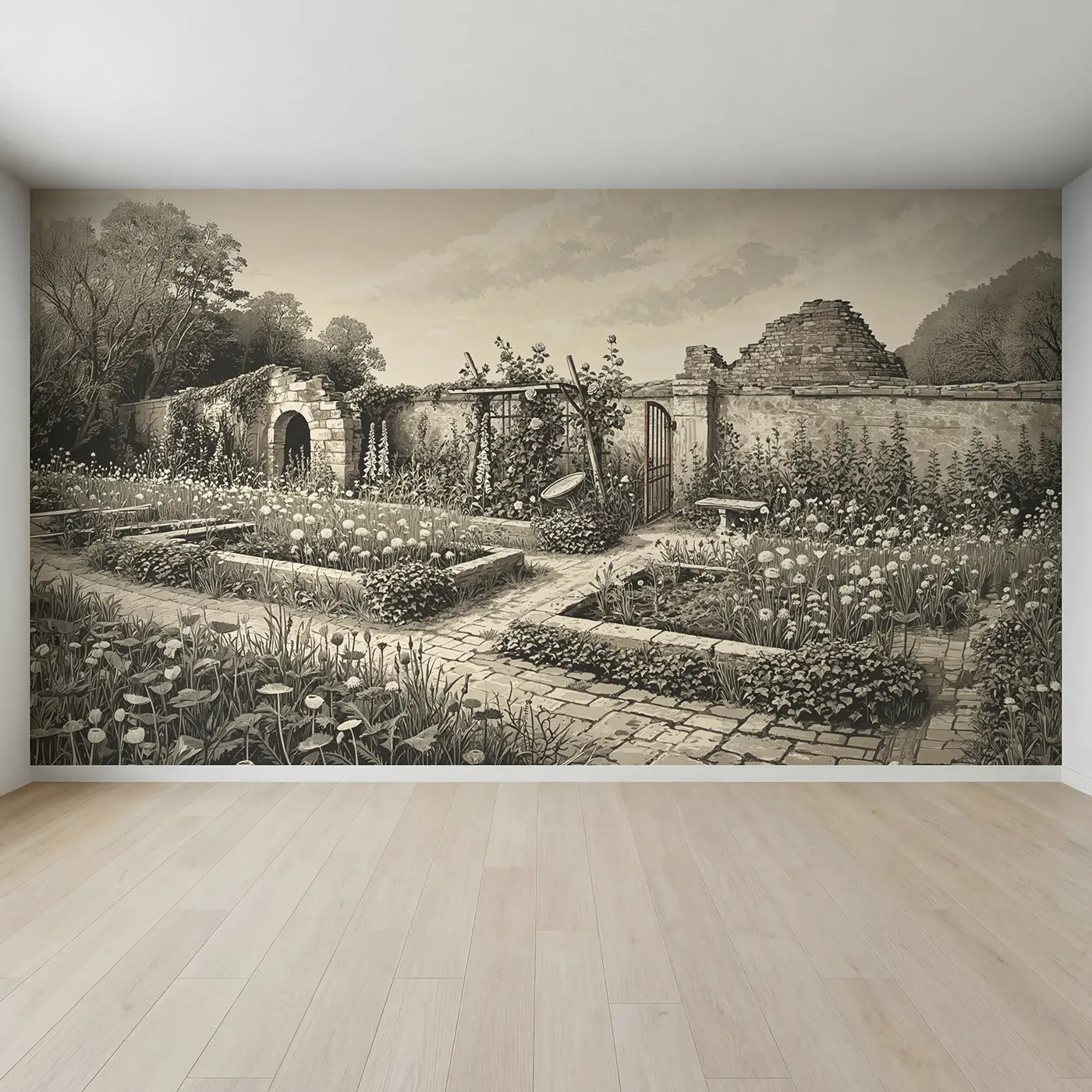 Full view of Wild Reclaimed Garden Wallpaper Mural by Whimsy Tots