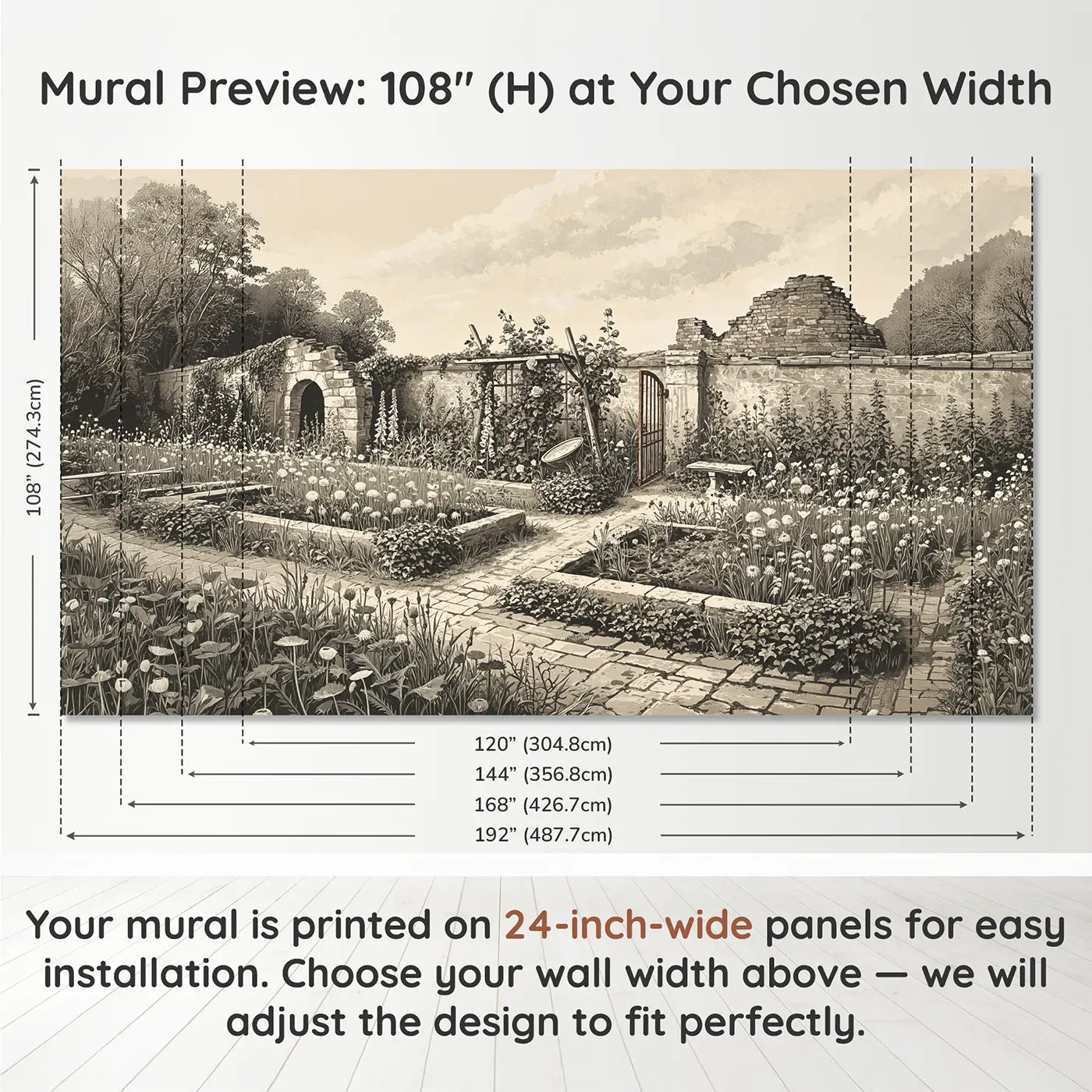 Panel layout and dimensions for Wild Reclaimed Garden Wallpaper Mural by Whimsy Tots