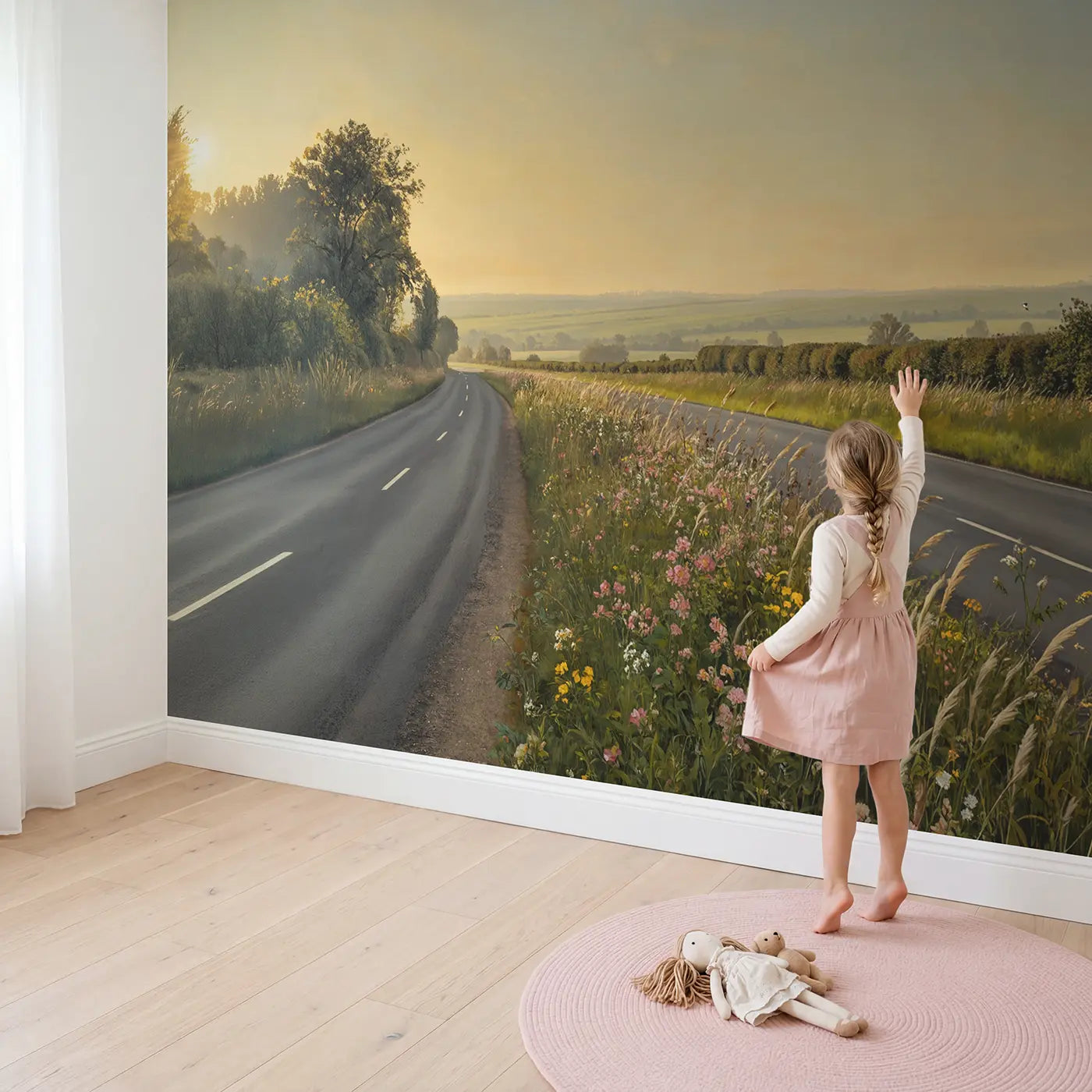 Child in nursery with Wildflower Verge Country Lane Wallpaper Mural by Whimsy Tots
