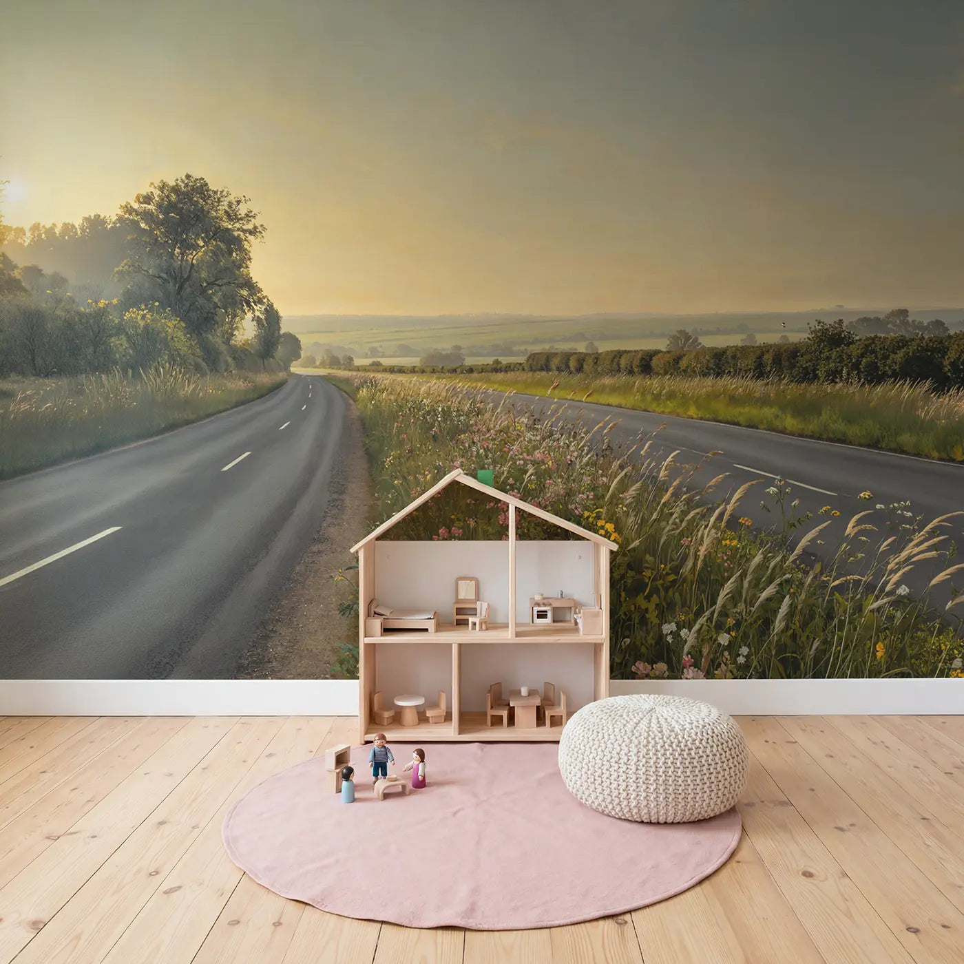 Wildflower Verge Country Lane Wallpaper Mural in playroom setting by Whimsy Tots