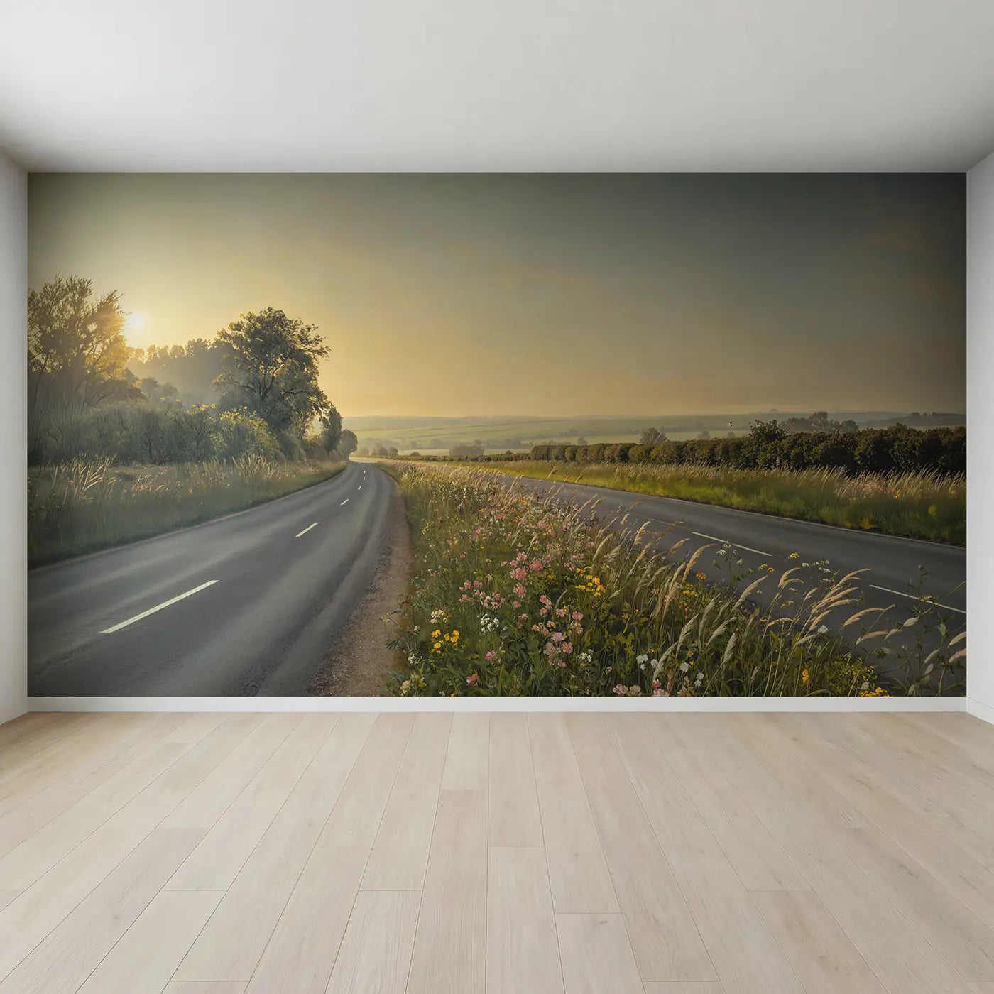 Full view of Wildflower Verge Country Lane Wallpaper Mural by Whimsy Tots