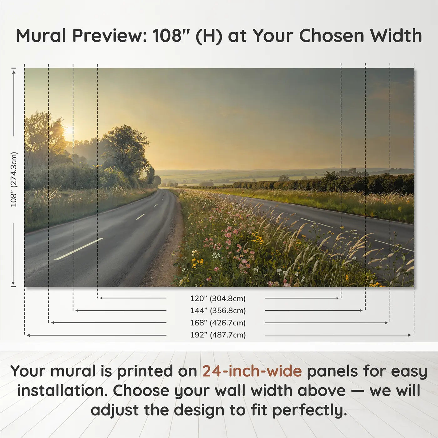 Panel layout and dimensions for Wildflower Verge Country Lane Wallpaper Mural by Whimsy Tots