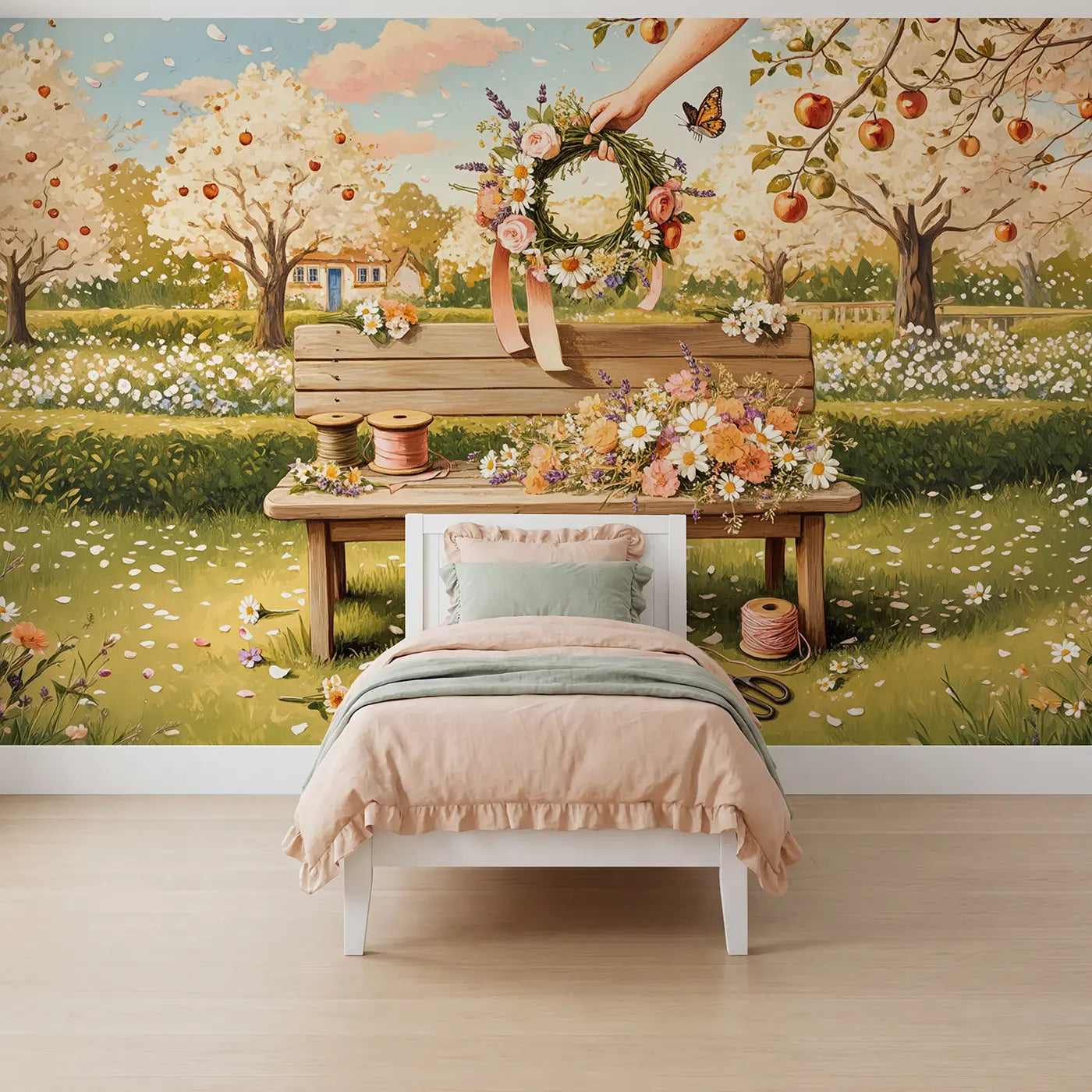 Block Print apple blossom flower crown wallpaper mural for girls room by Whimsy Tots