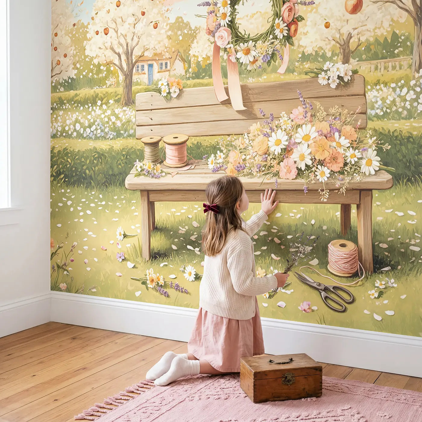Child in nursery with Apple Tree Flower Crown Wallpaper Mural by Whimsy Tots