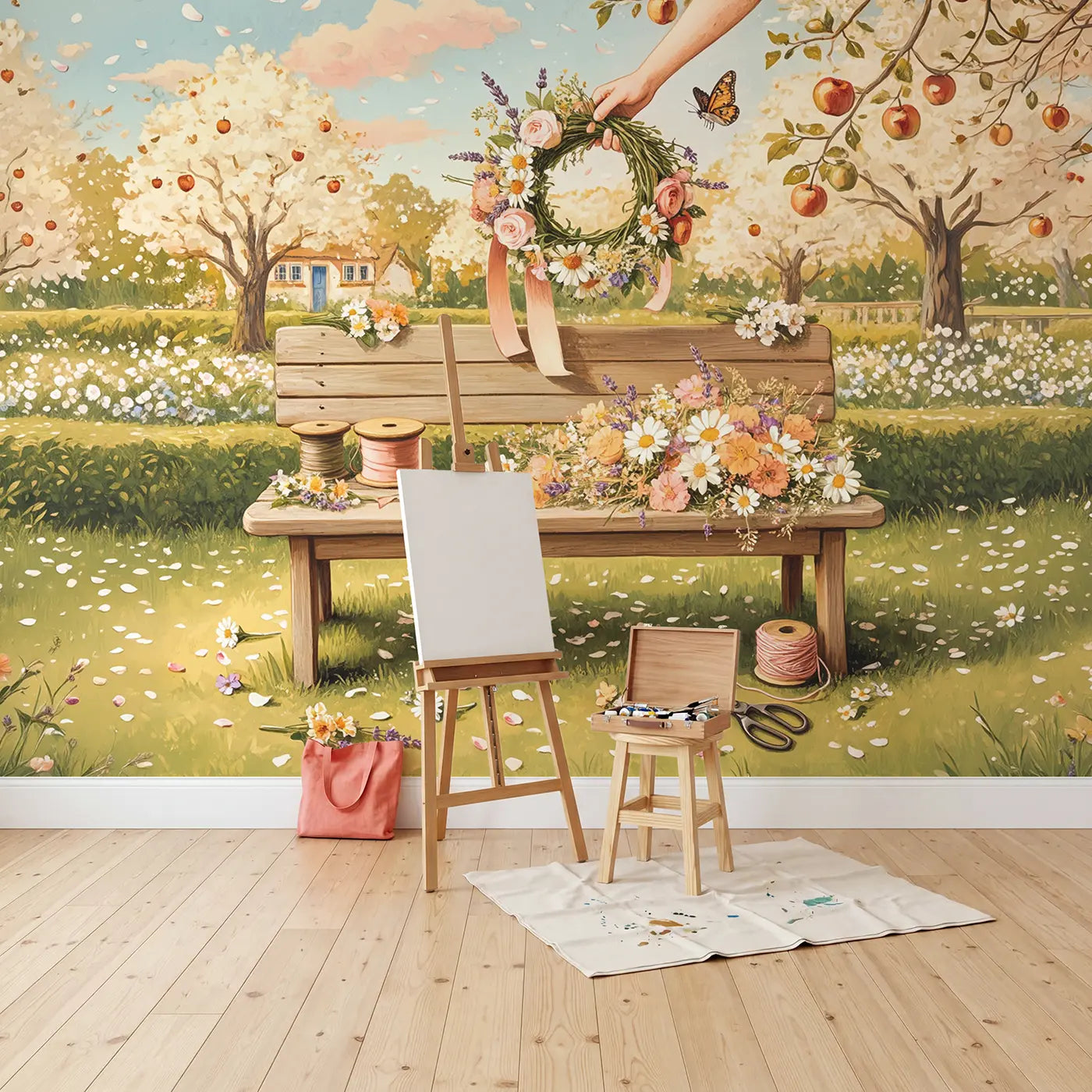 Apple Tree Flower Crown Wallpaper Mural in playroom setting by Whimsy Tots