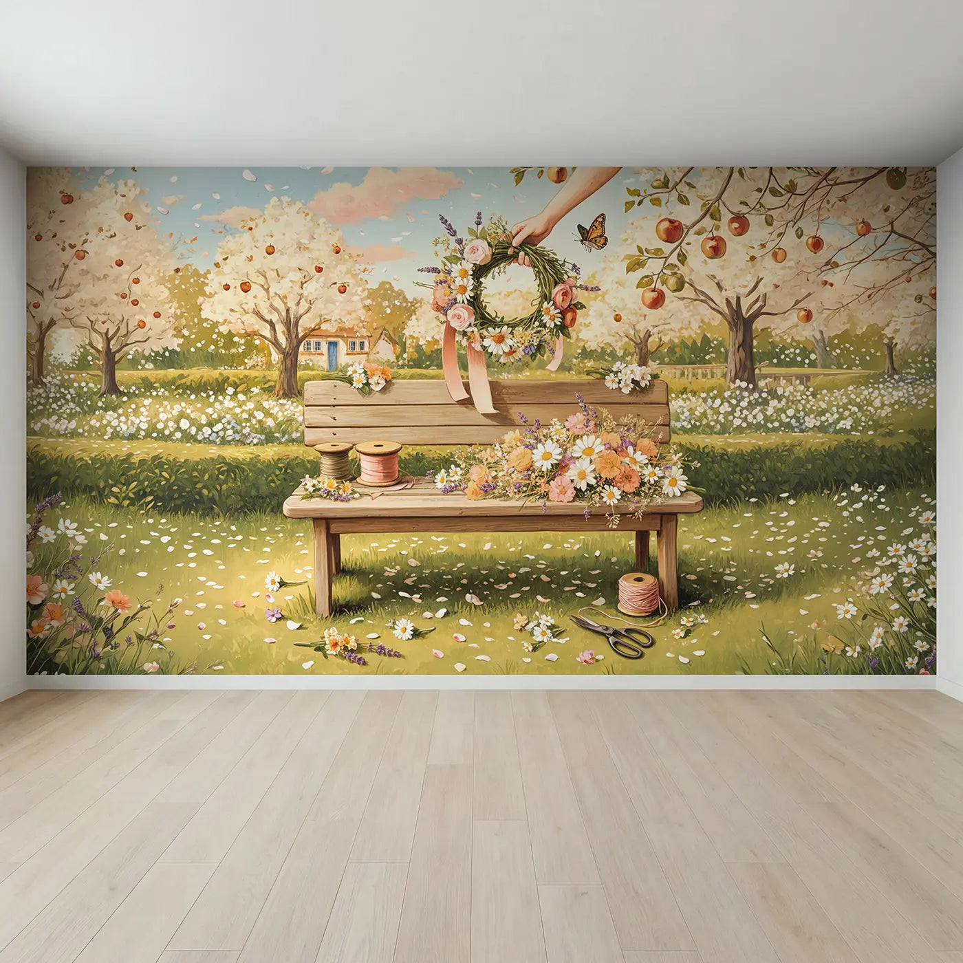 Full view of Apple Tree Flower Crown Wallpaper Mural by Whimsy Tots